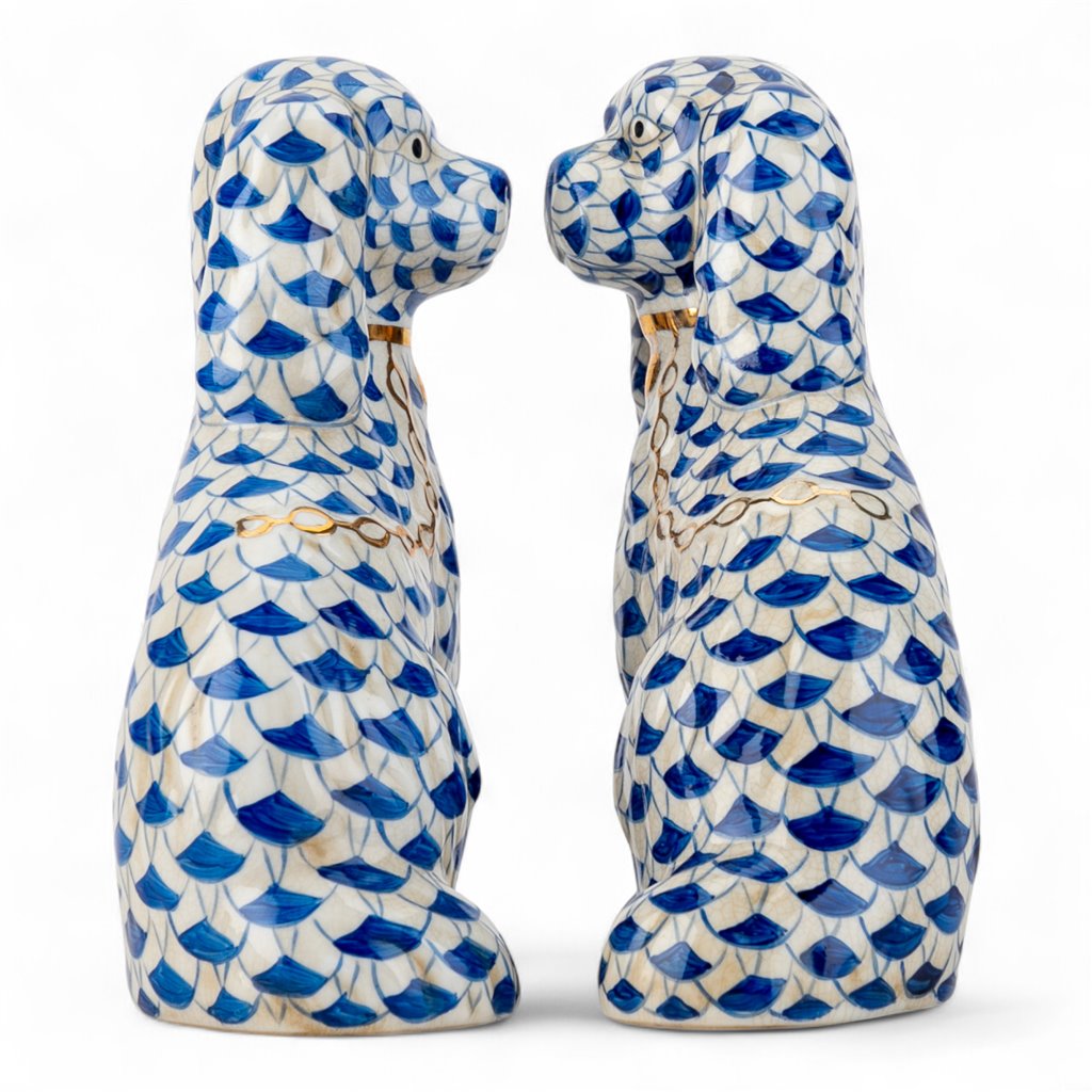 Danny’s Fine Porcelain Blue & White Spaniel Dog Figure Pair W/ Gold Accent (2 sizes to choose).