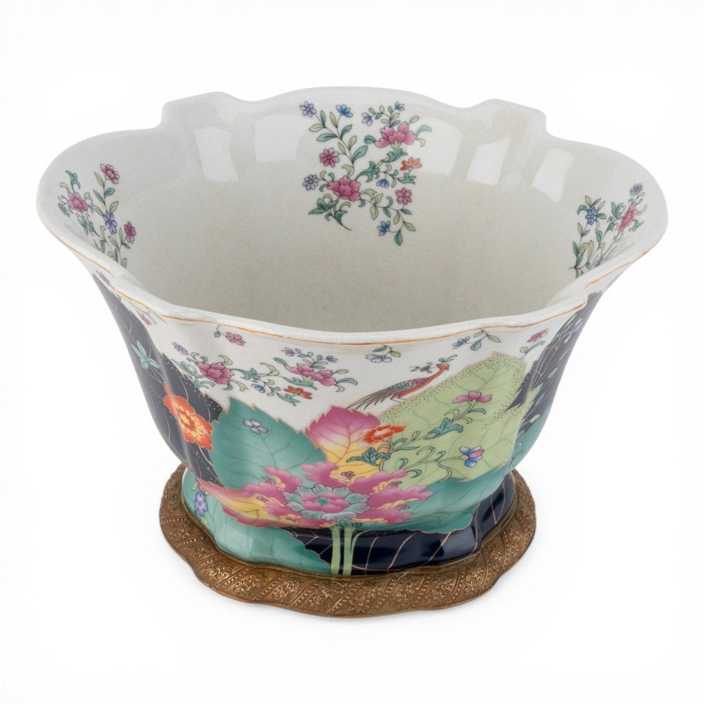 Danny's Fine Porcelain - Porcelain Tobacco Leaf Scalloped Bowl with Ormolu Base – 12.5”L x 11”W x 8.5”H
