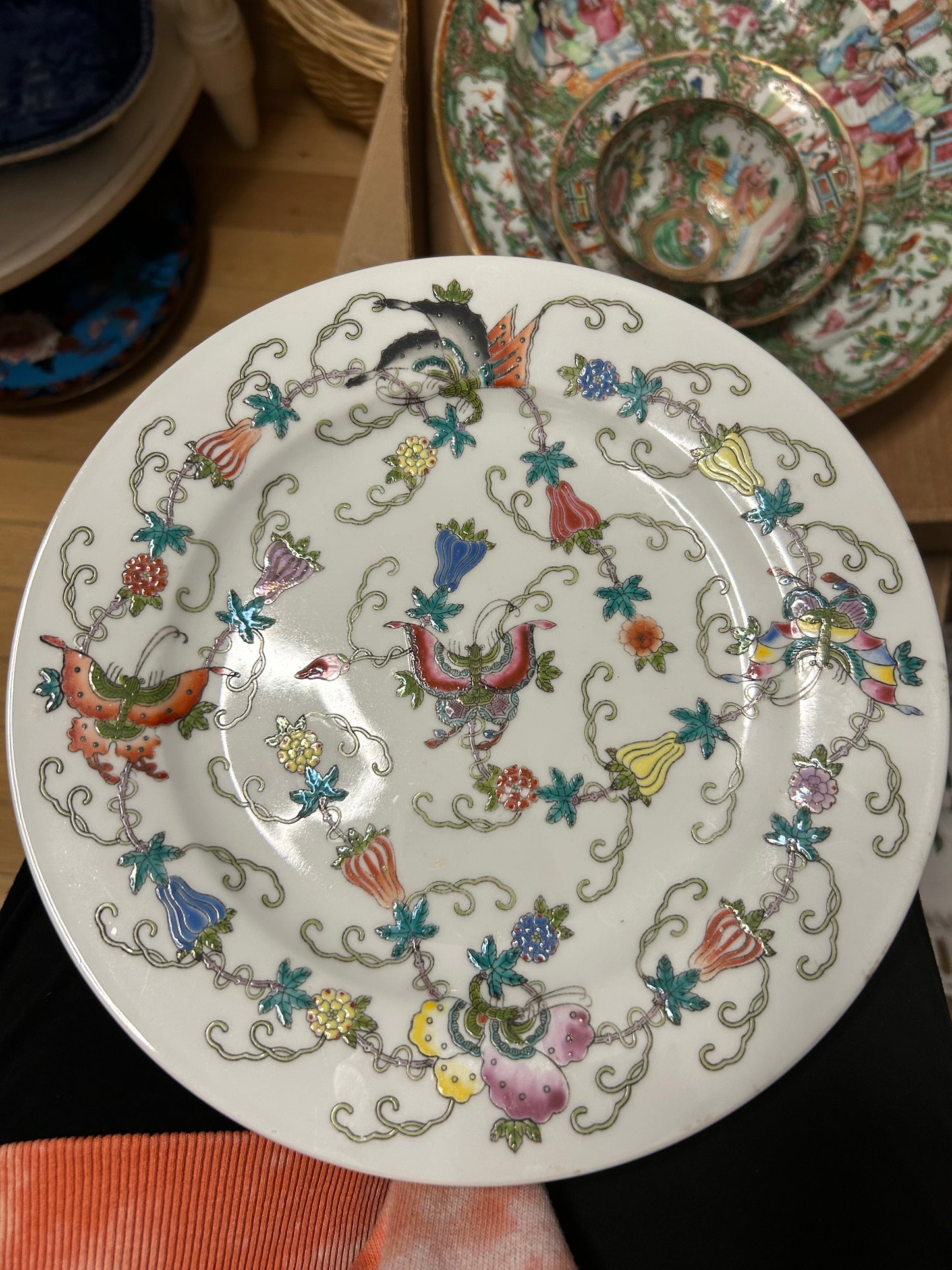 Chinoiserie Hand Painted Plate with Butterflies, fruits and Flowers