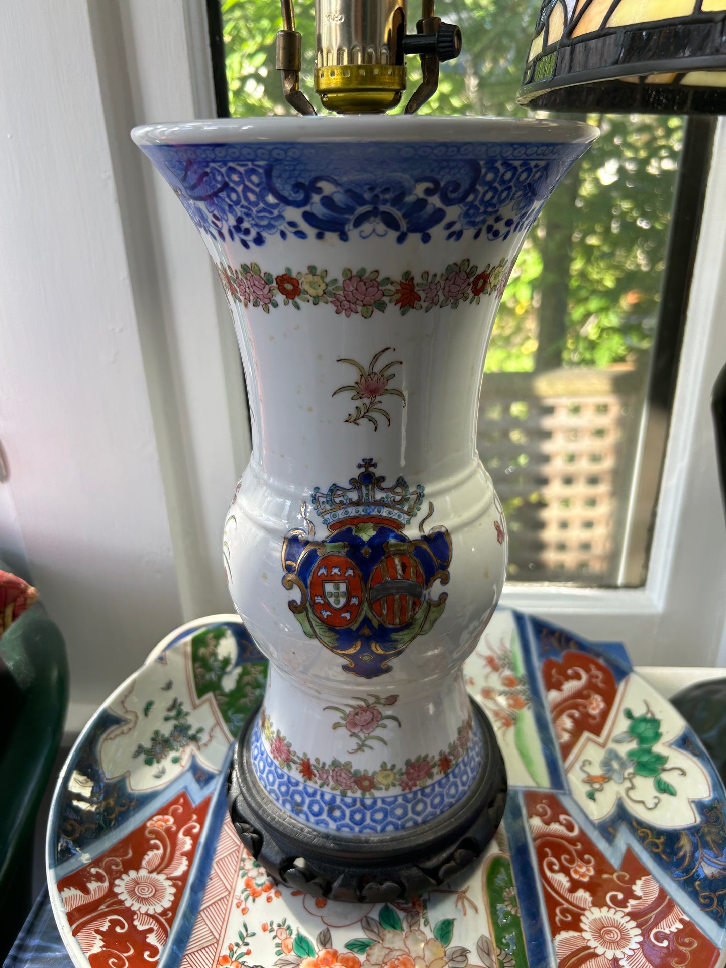 Chinoiserie Lamp with Armorial Hand Painted Design 14” tall pleated Shade included