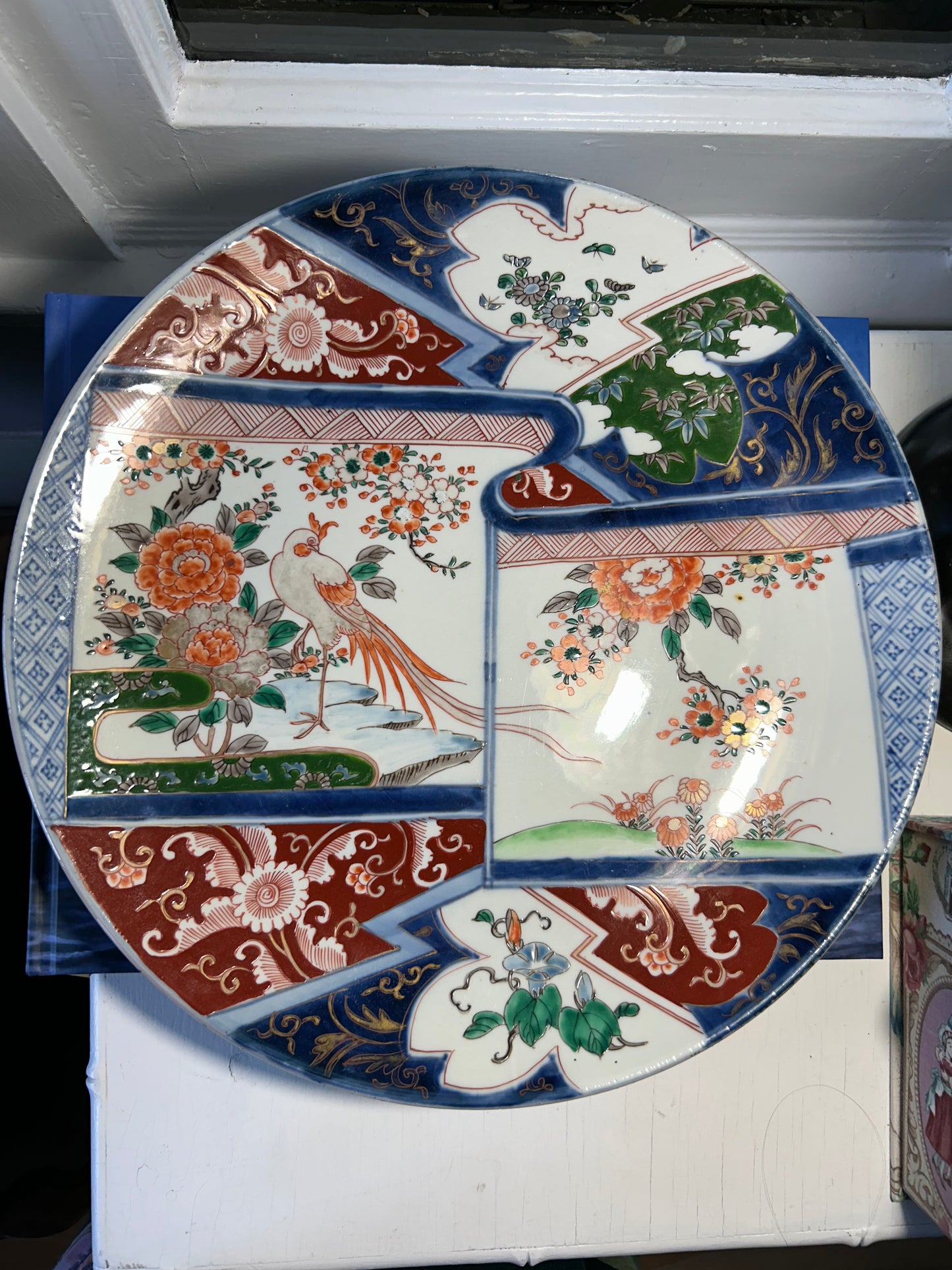 Very Large Imari Plate with Birds and Flower Hand painted designs 14 1/2”