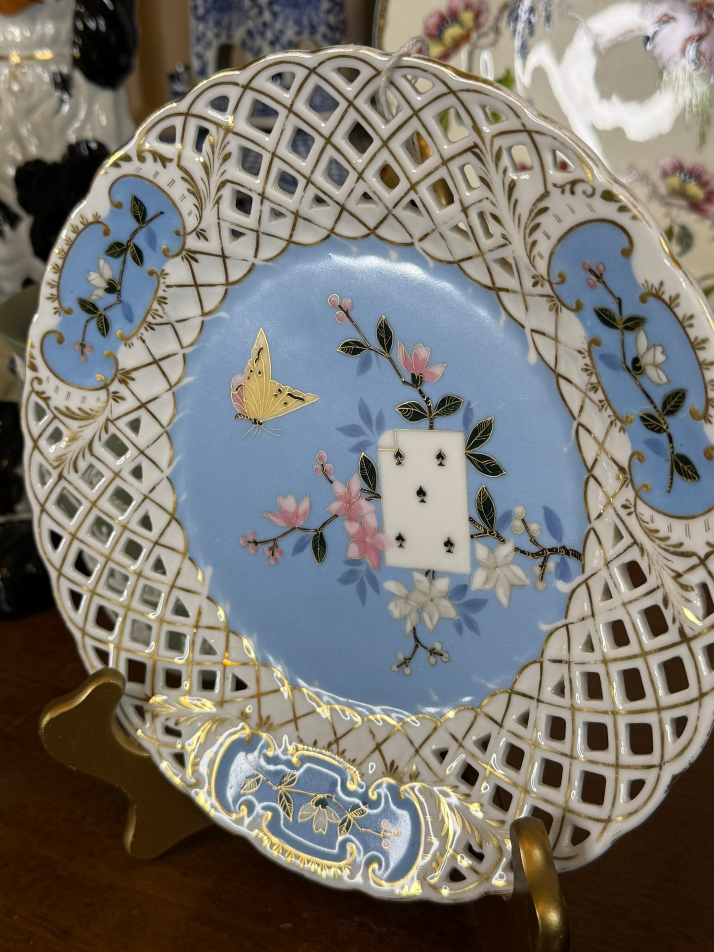 Antique Reticulated Porcelain Cabinet Plate | Playing Card & Butterfly Motif | Hand Painted | 9" Diameter