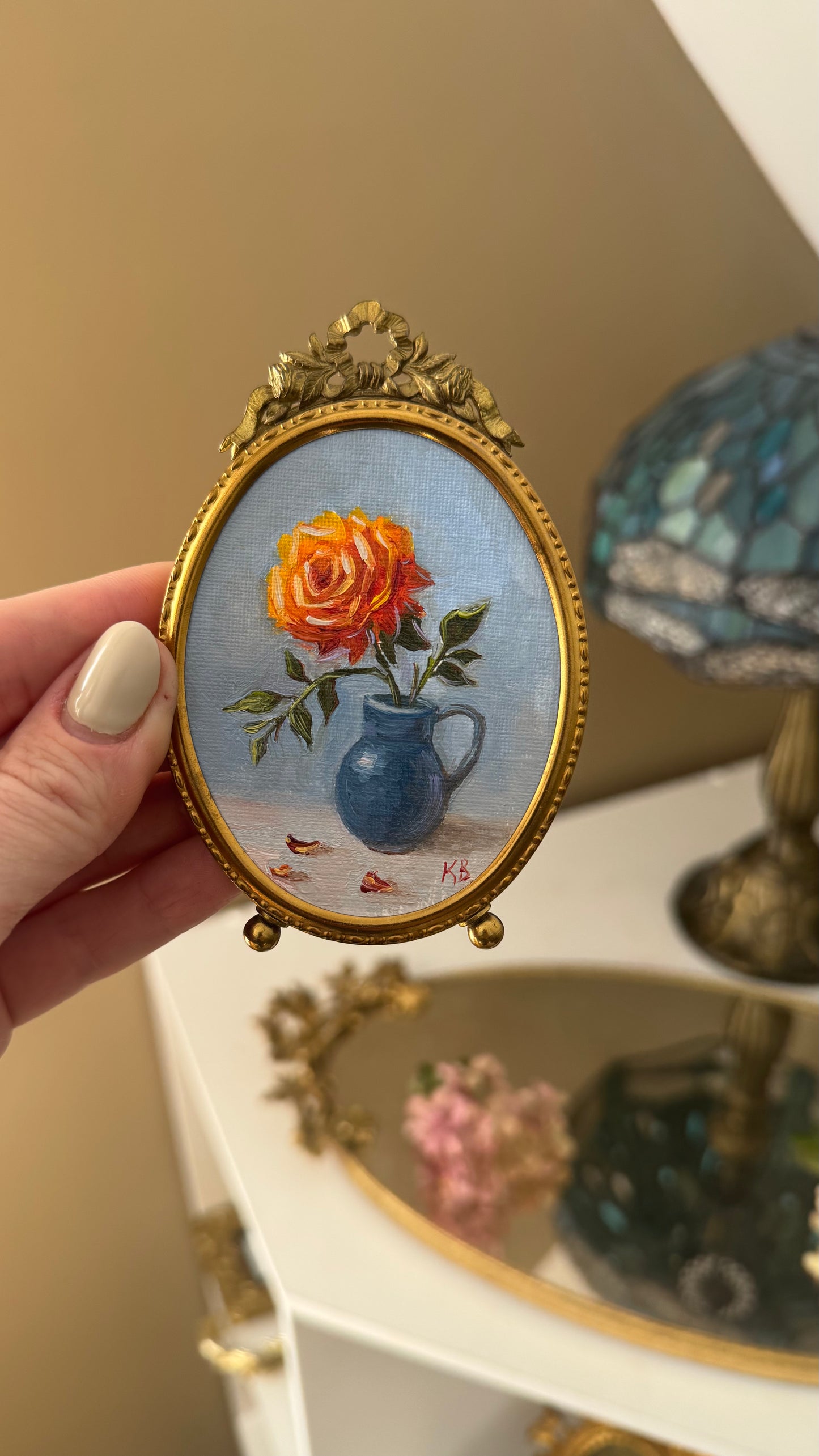 Day 16 Original oil painting yellow rose in blue pitcher