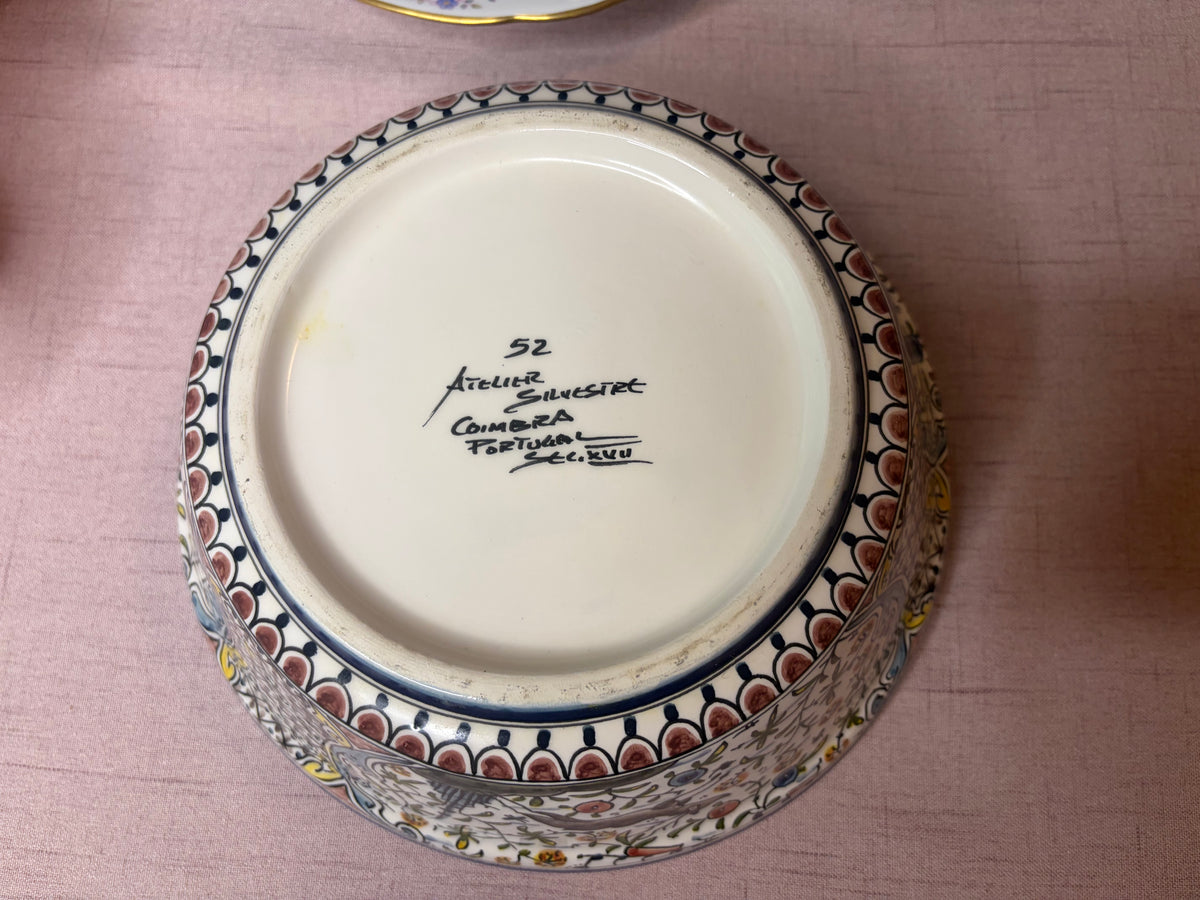 Beautiful Portugal handpainted pottery bowl featuring a peacock, deer, and dog!