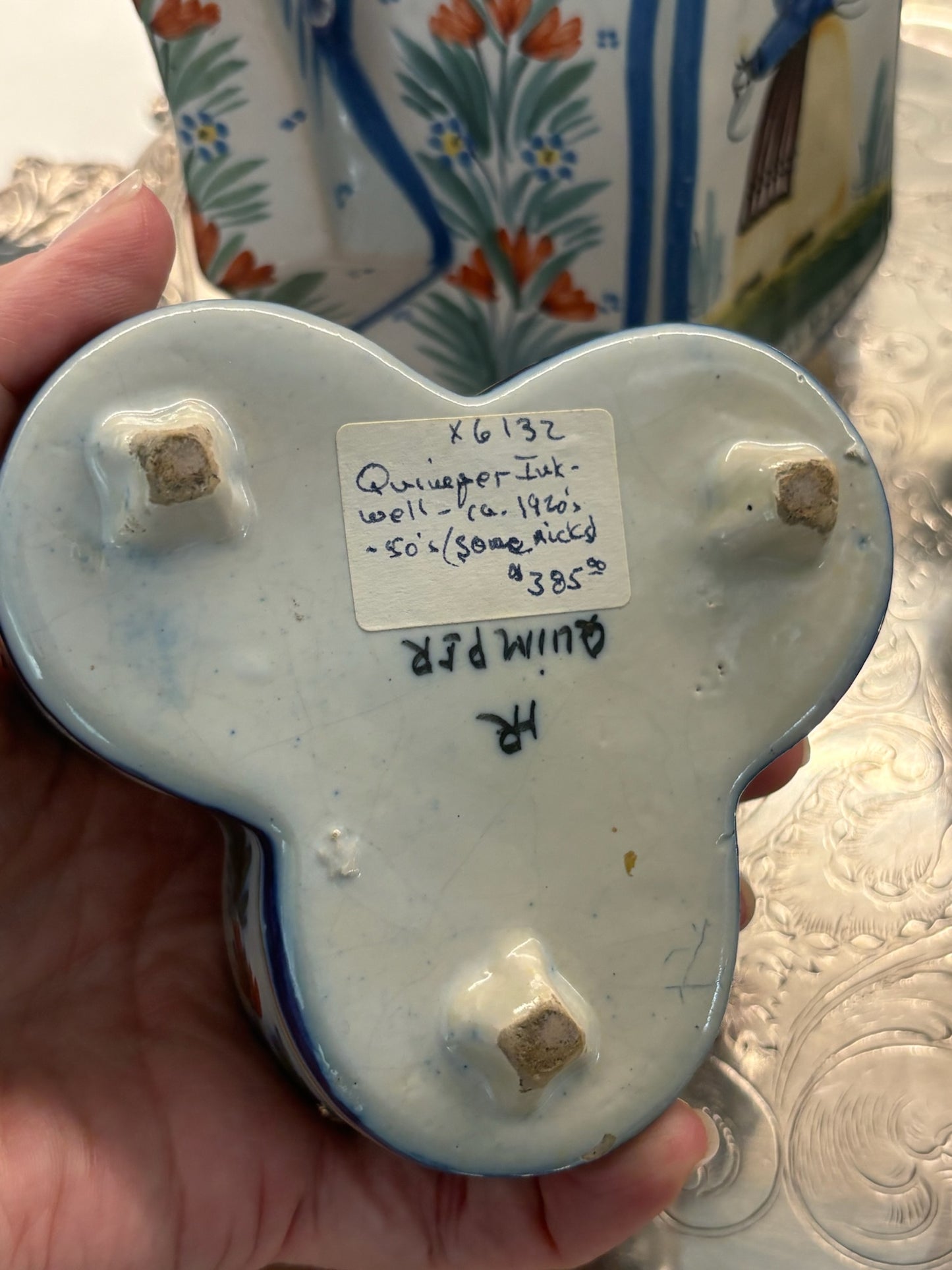WCCR Charitable Item #113 | HR Quimper France Three-Section Faience Inkwell | Hand-Painted | c. 1920s