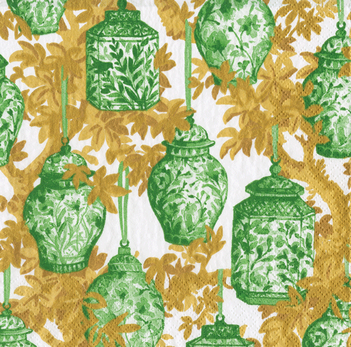 Caspari Ginger Jars Green & White Cocktail Napkins – Package of 20 | Chinoiserie Paper Napkins