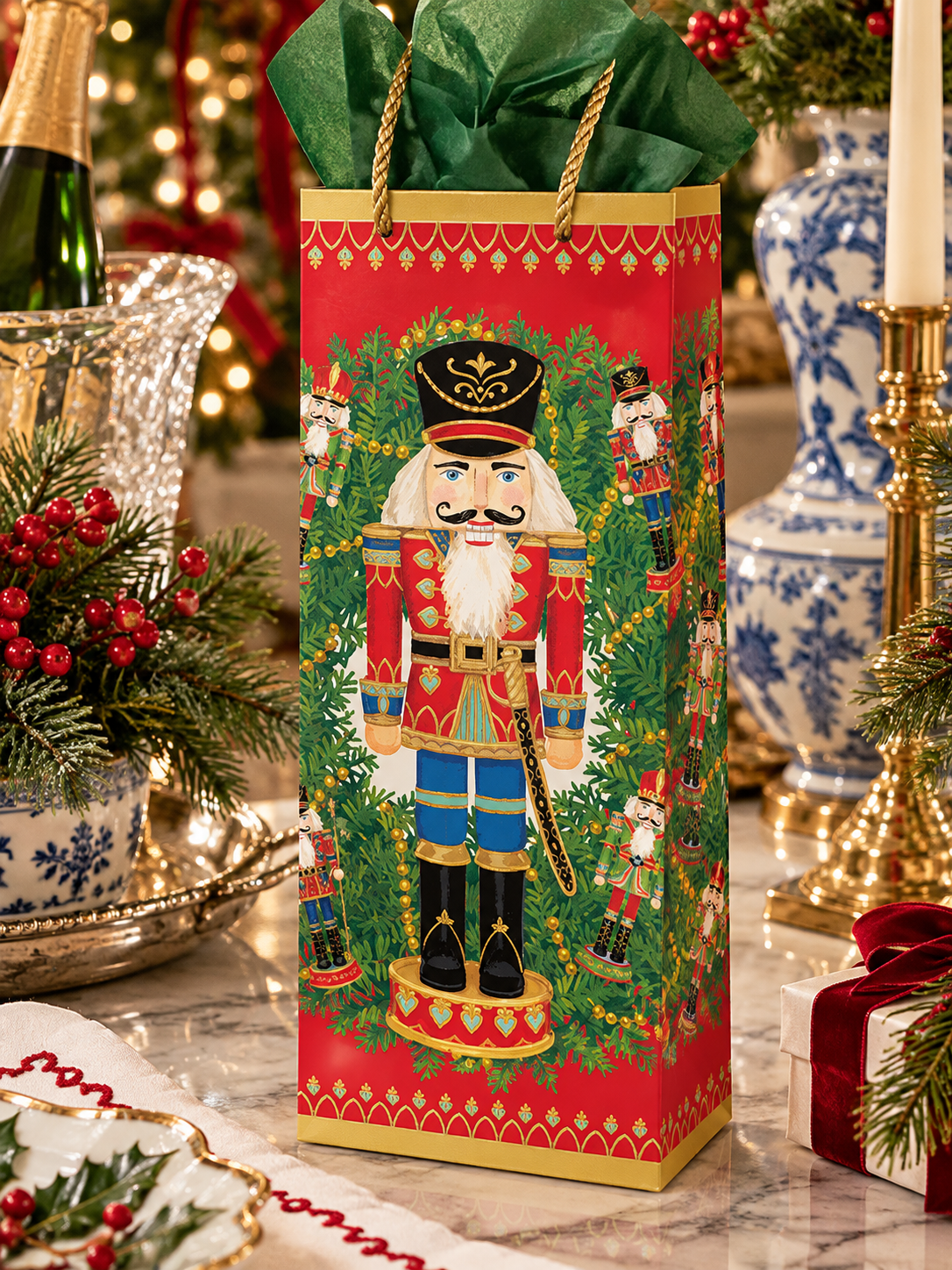 aspari Nutcracker Christmas Bottle Gift Bag – 5" × 3.5" × 13" | Holiday Wine Bag