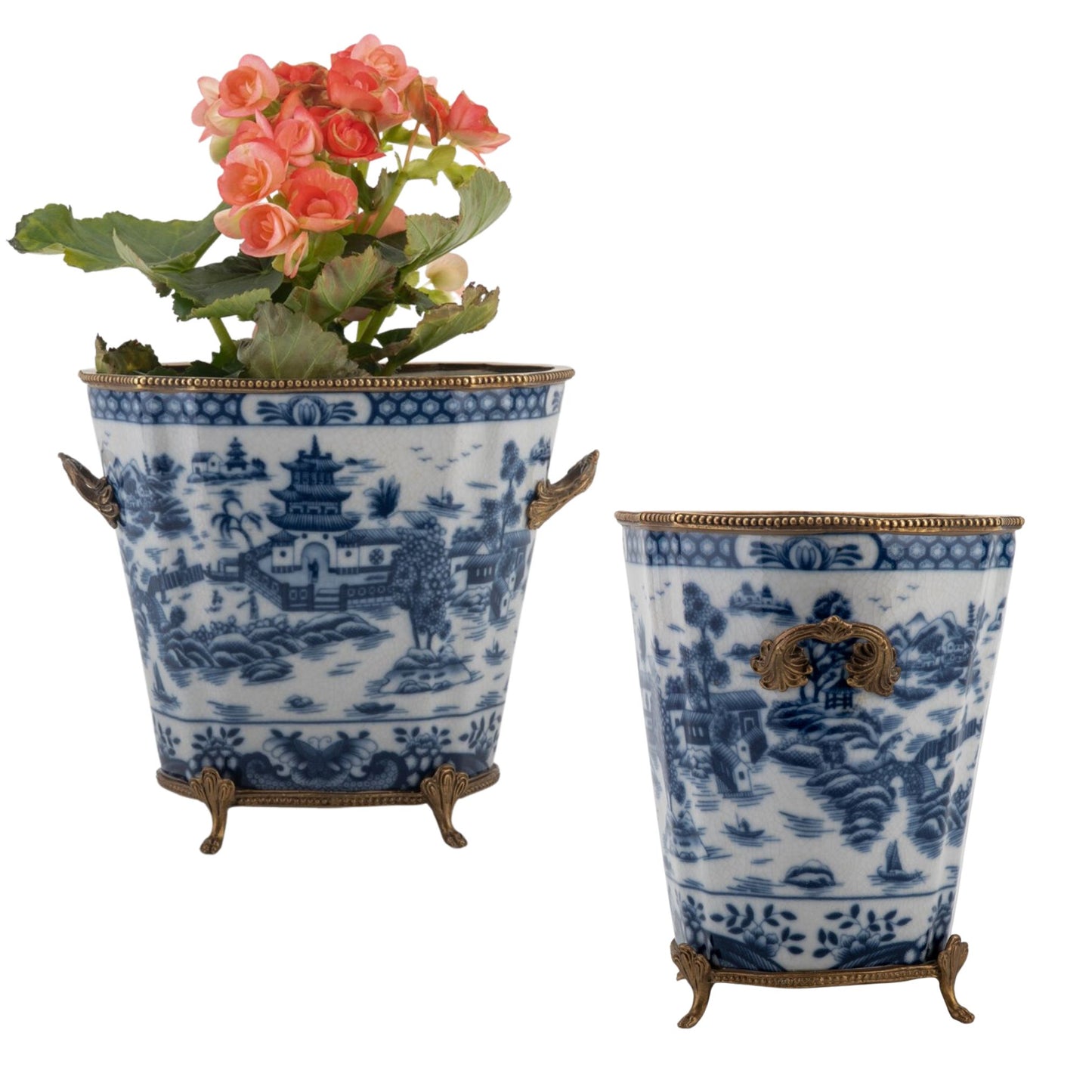 Blue & White Porcelain Planter W/ Bronze Footings & Details, 7.5" Tall