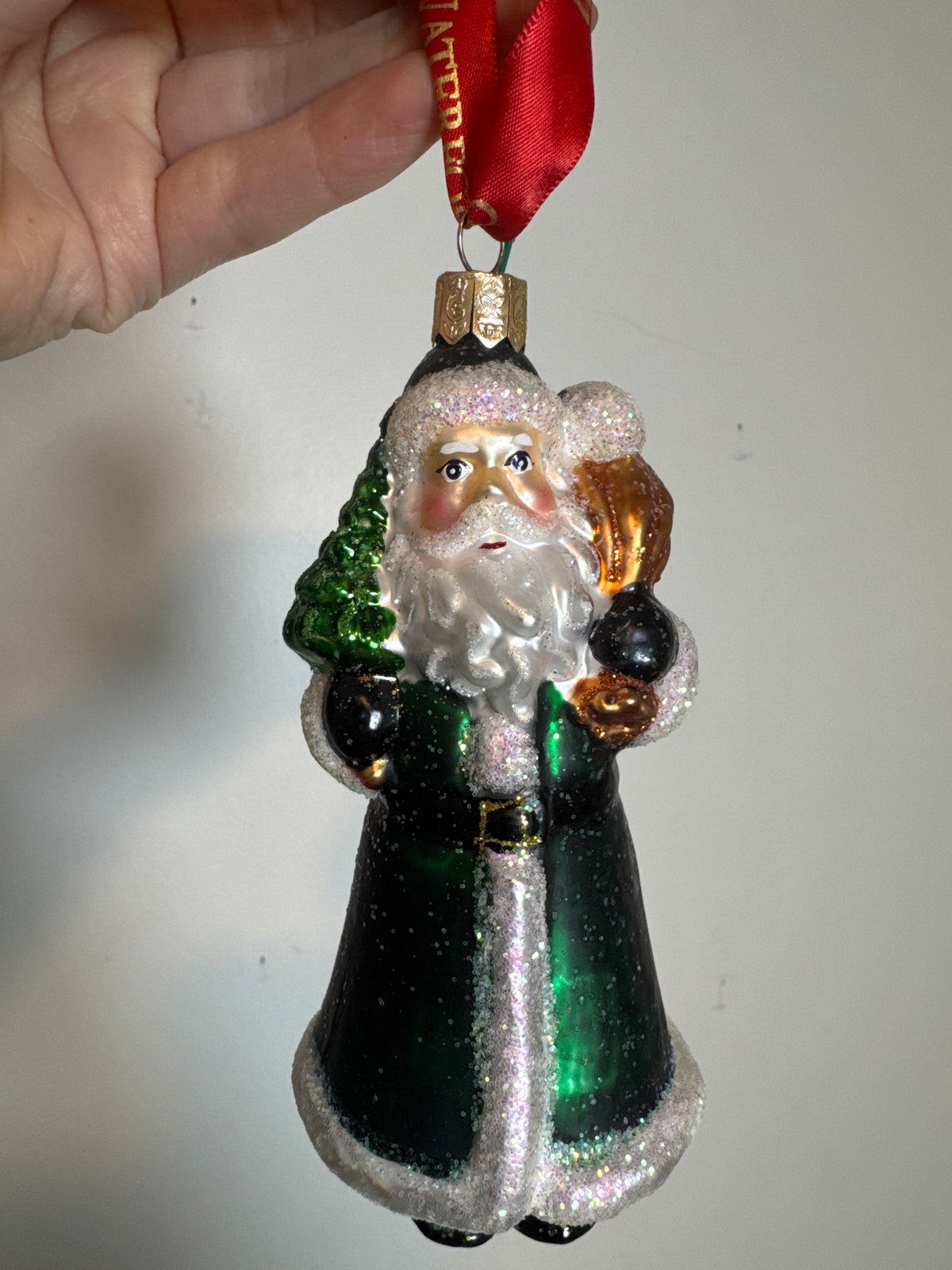Waterford Green Coat Santa Glass Christmas Ornament with Tree & Gold Goblet