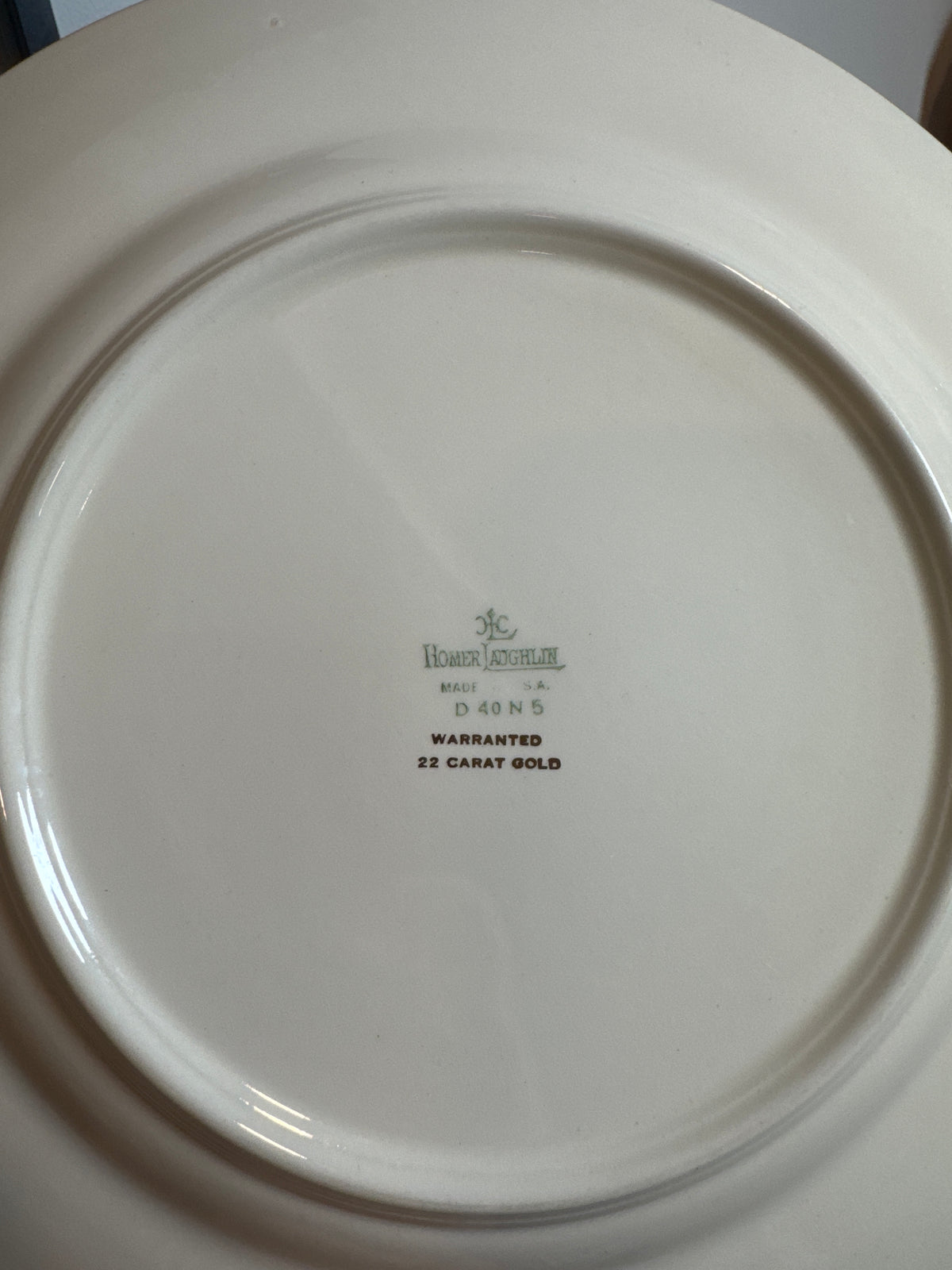 Homer Laughlin 11” Green & Gold Floral Plate – Warranted 22 Carat Gold