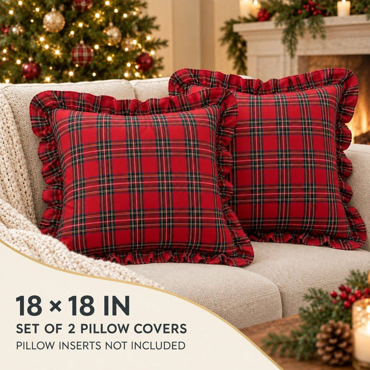 Red Plaid Christmas Plaid Ruffle Throw Pillow W/ Down Insert | 18 x 18"
