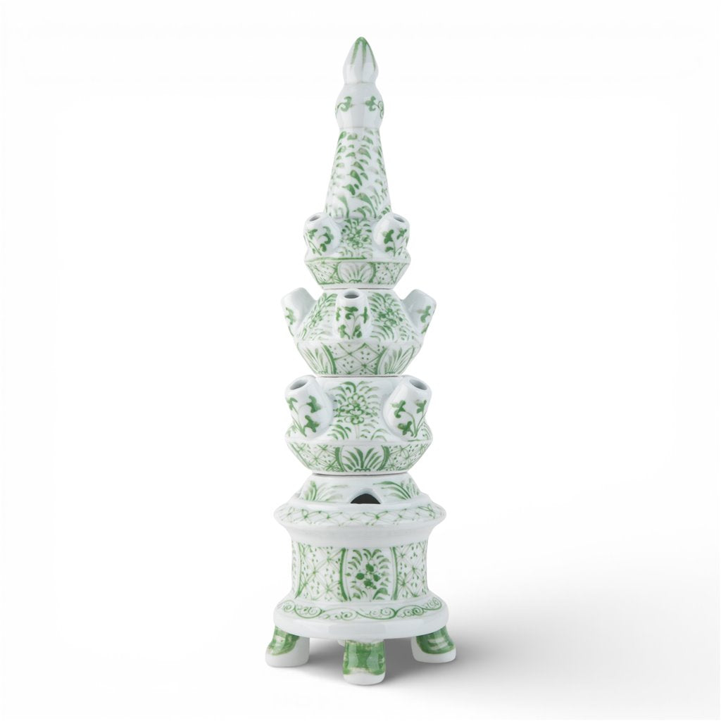 Danny’s Fine Porcelain Green Floral Tulipiere Vase | 4-Tier | 22.5” Tall