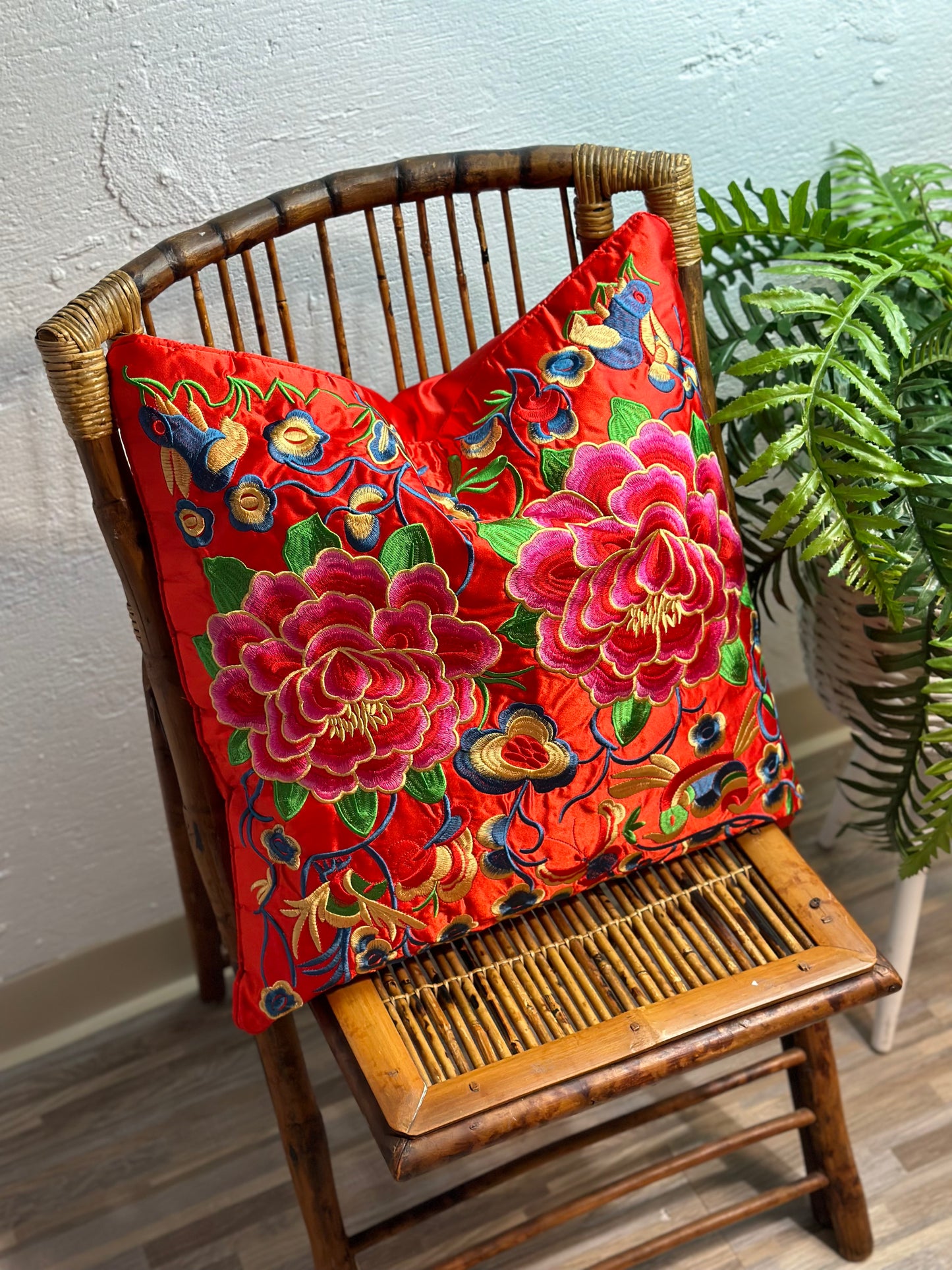 Danny's Fine Porcelain - Pink & Orange, 20x20" Silk Peony Floral, Embroidered Pillow W/ Insert