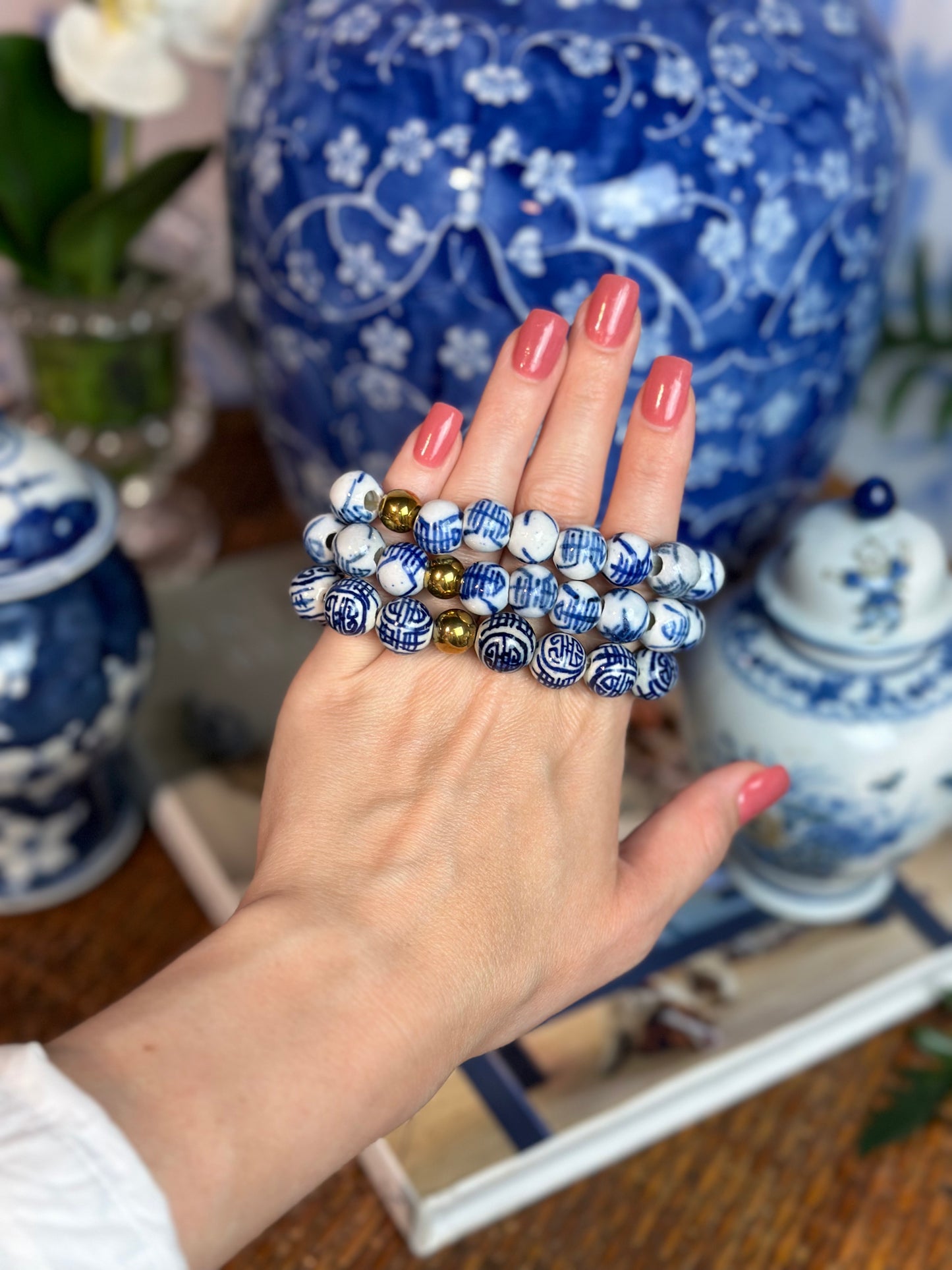 Danny's Fine Porcelain - Blue & White Chinoiserie Porcelain Stretch Bracelet - Made in U.S.A