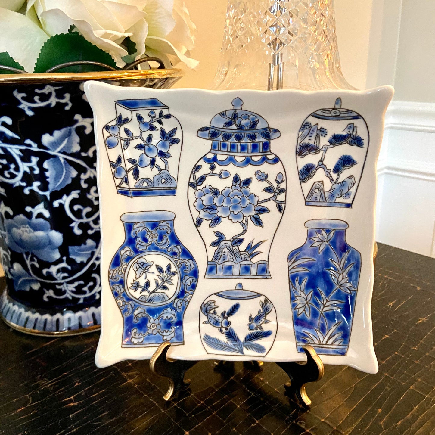 Set of two vintage blue & white ginger jar chinoiserie chic designer plates.