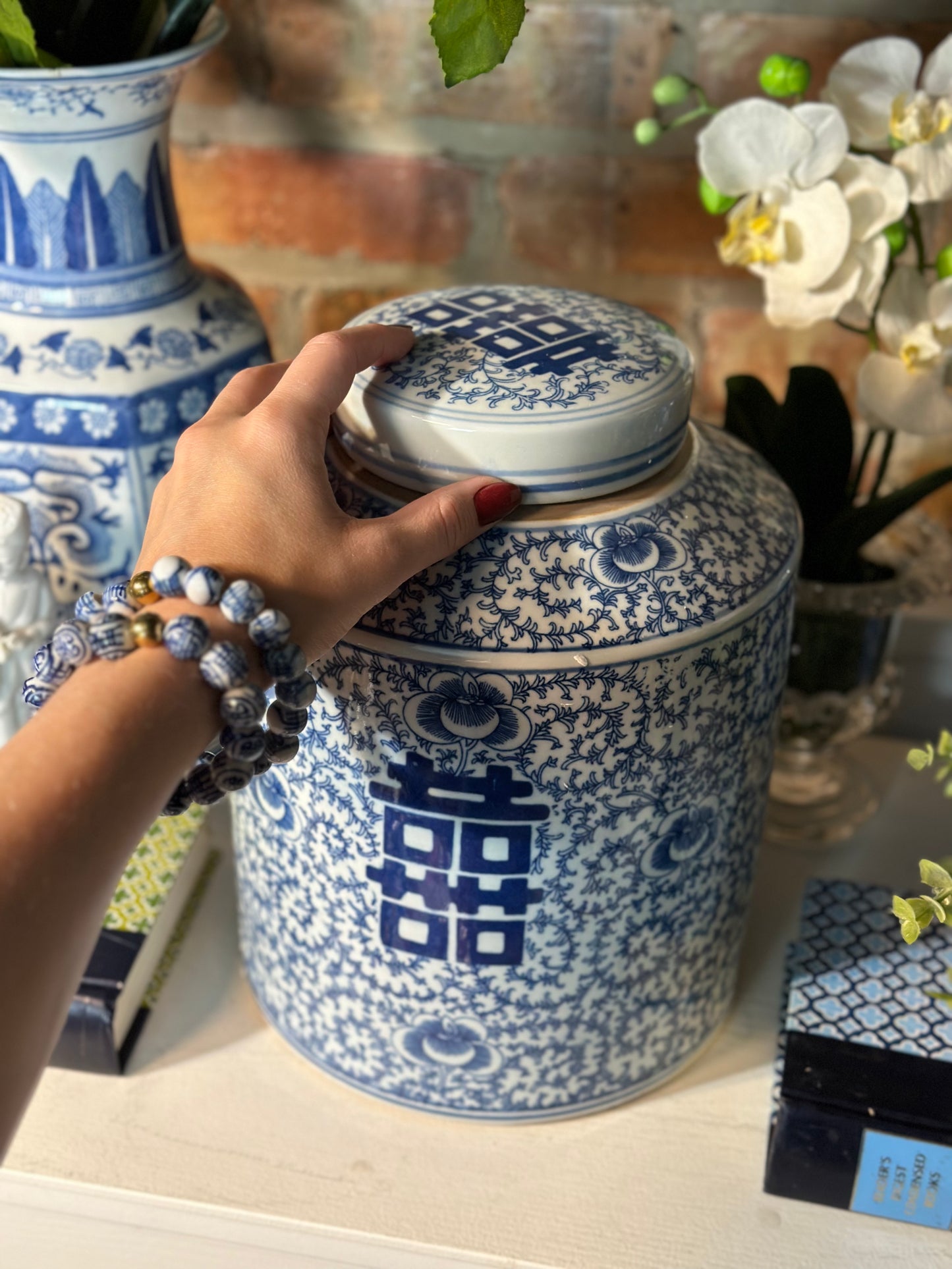 NEW - Blue & White Double Happiness Tea Jar, 11" Tall - Pristine!