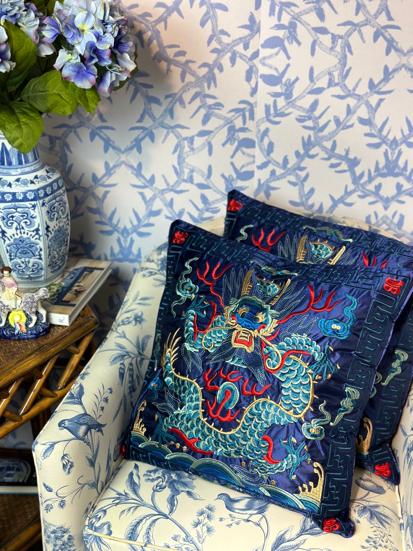 Danny's Fine Porcelain - Cobalt & Red, 20x20" Silk Dragon, Embroidered Pillow W/ Insert