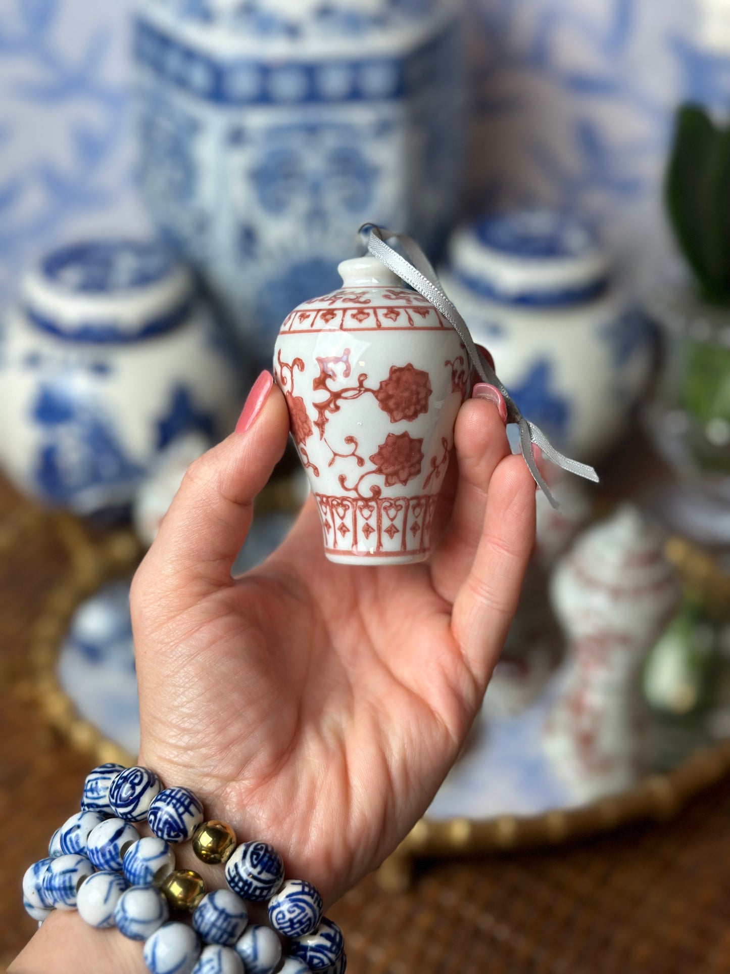 Danny’s Fine Porcelain - (6) Rust & White Porcelain Ginger Jar Ornament Set, 2.5" Tall.