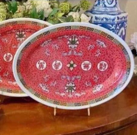 Set of 7 rich red pink medallion melanin plates and platter