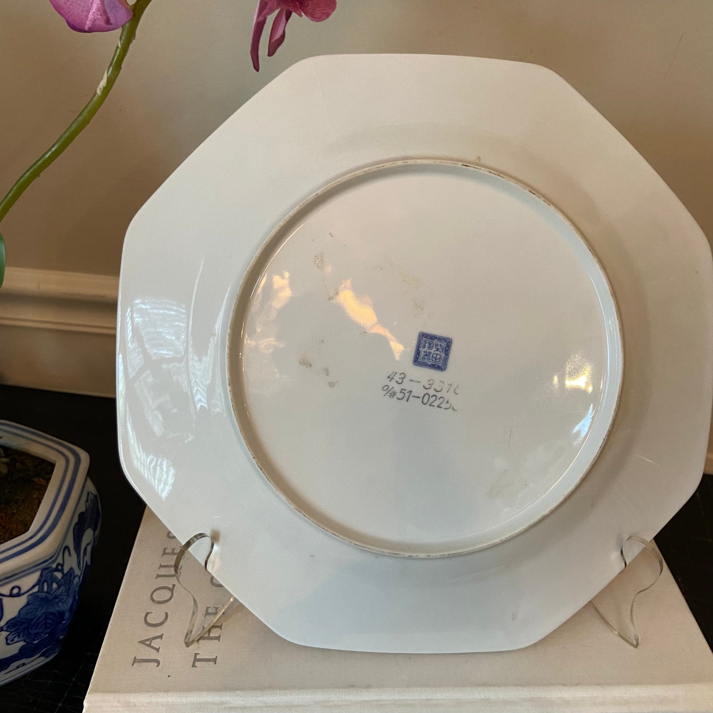 Vintage blue and white porcelain chinoiserie designer octagon plate