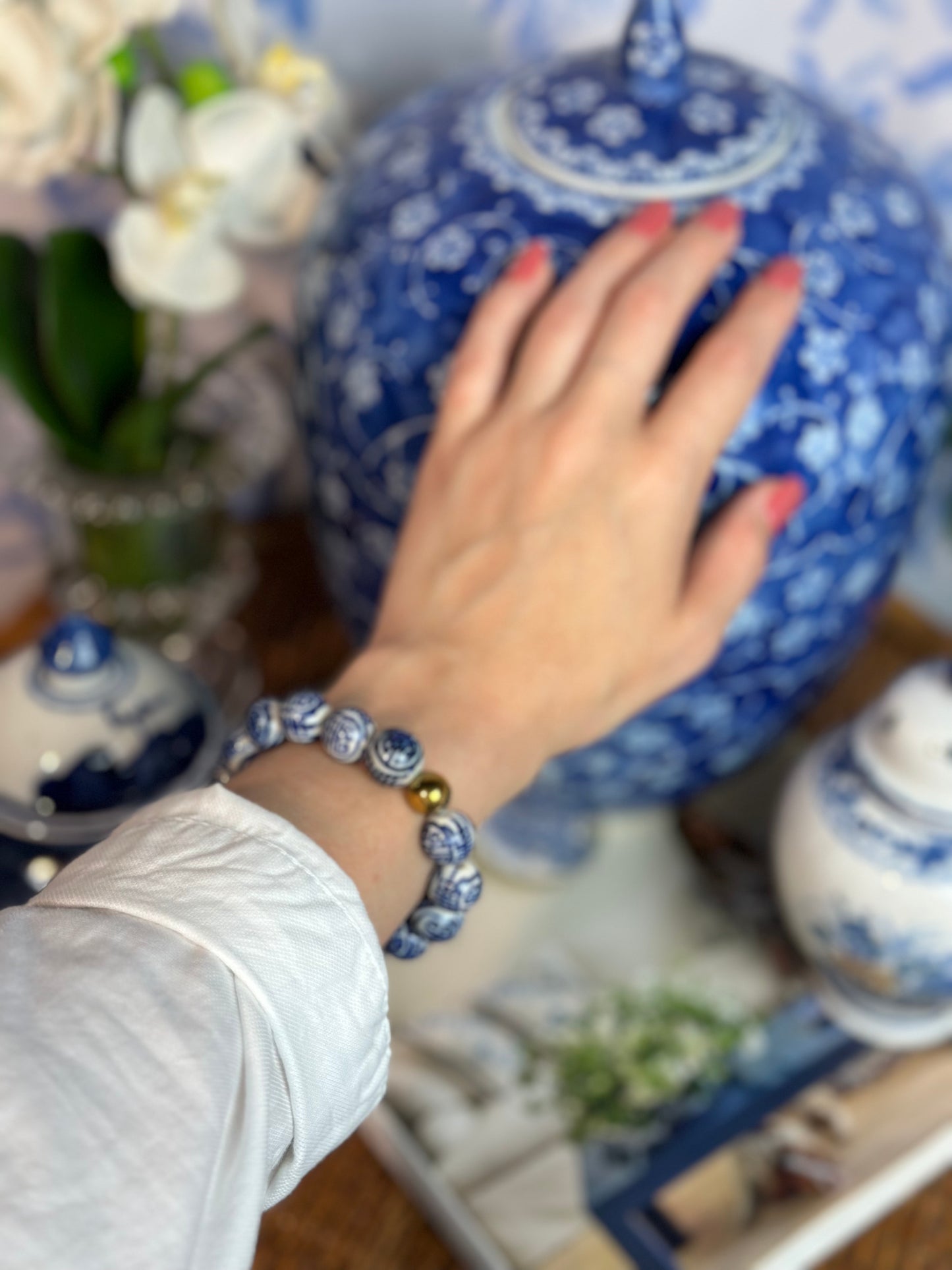 Blue & White Chinoiserie Porcelain Stretch Bracelet - Made in U.S.A