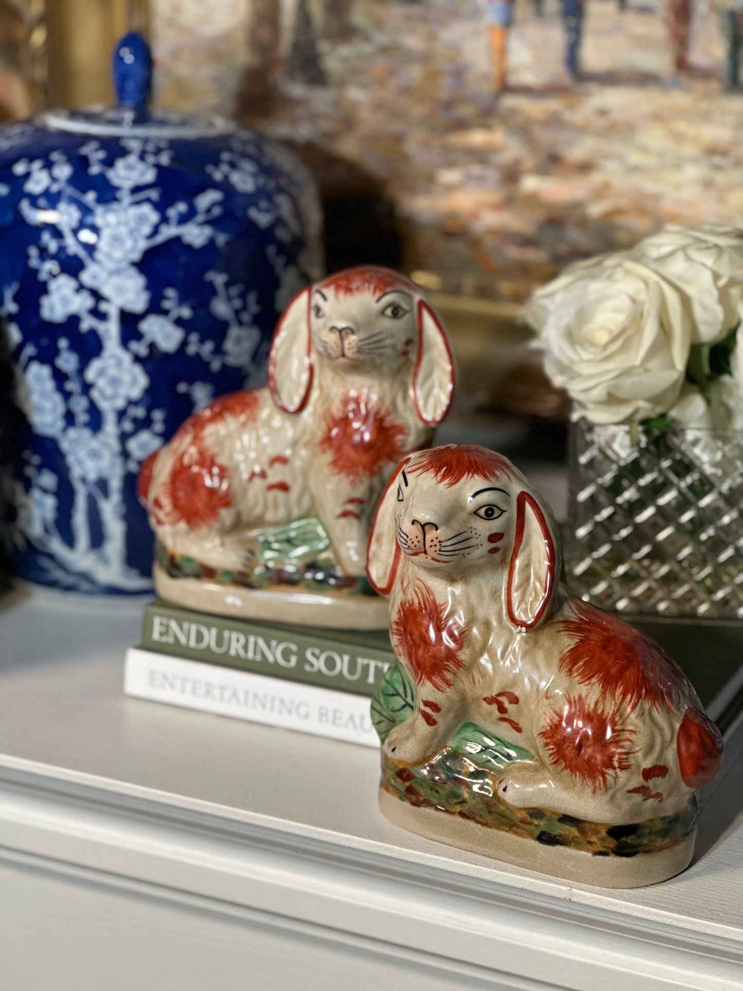 Danny's Fine Porcelain: Ceramic Bunny/Rabbit Figure Pair, Rust & White, 6x3" - Pristine!