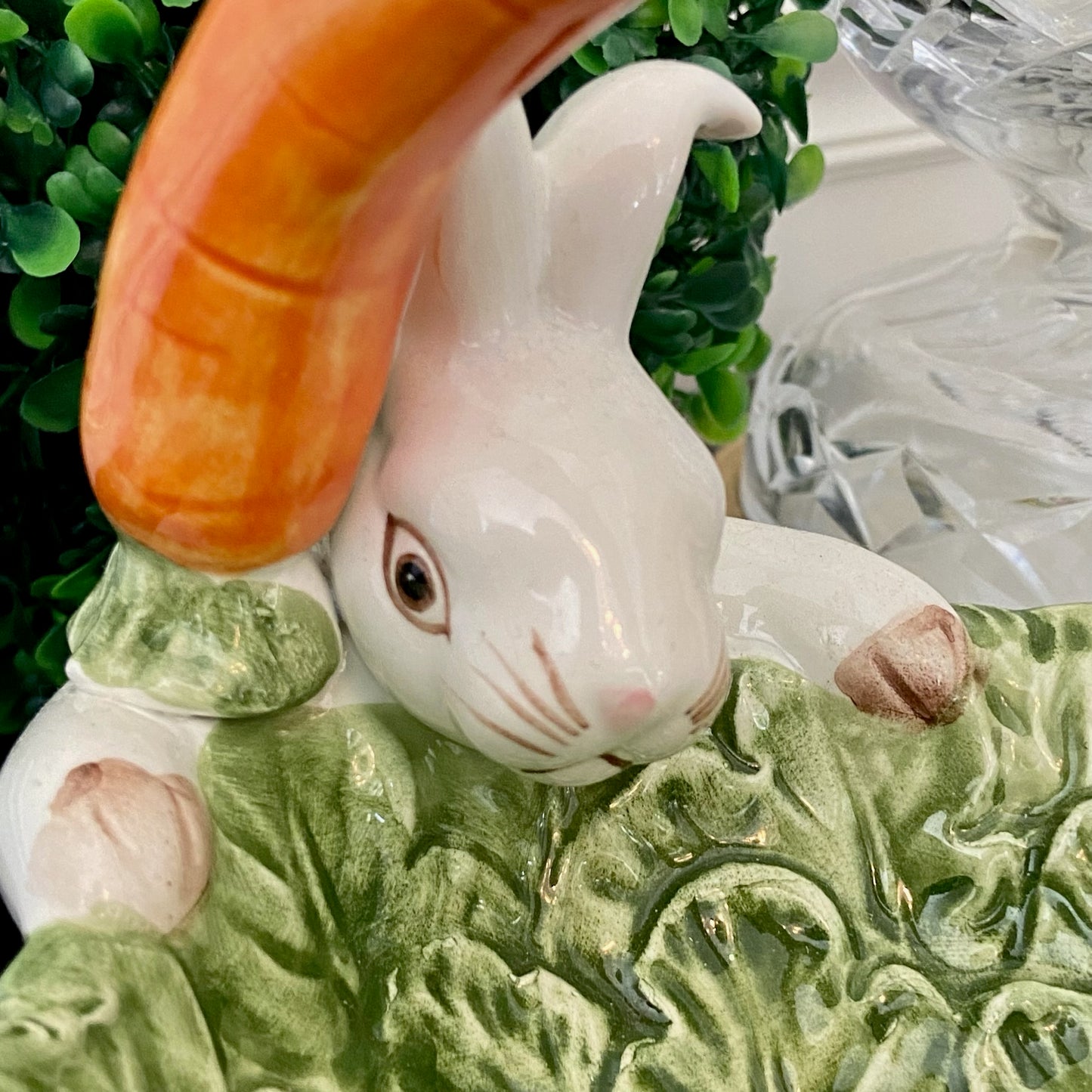 Set of 2 sweet majolica style bunny rabbit with carrots and cabbage dishes