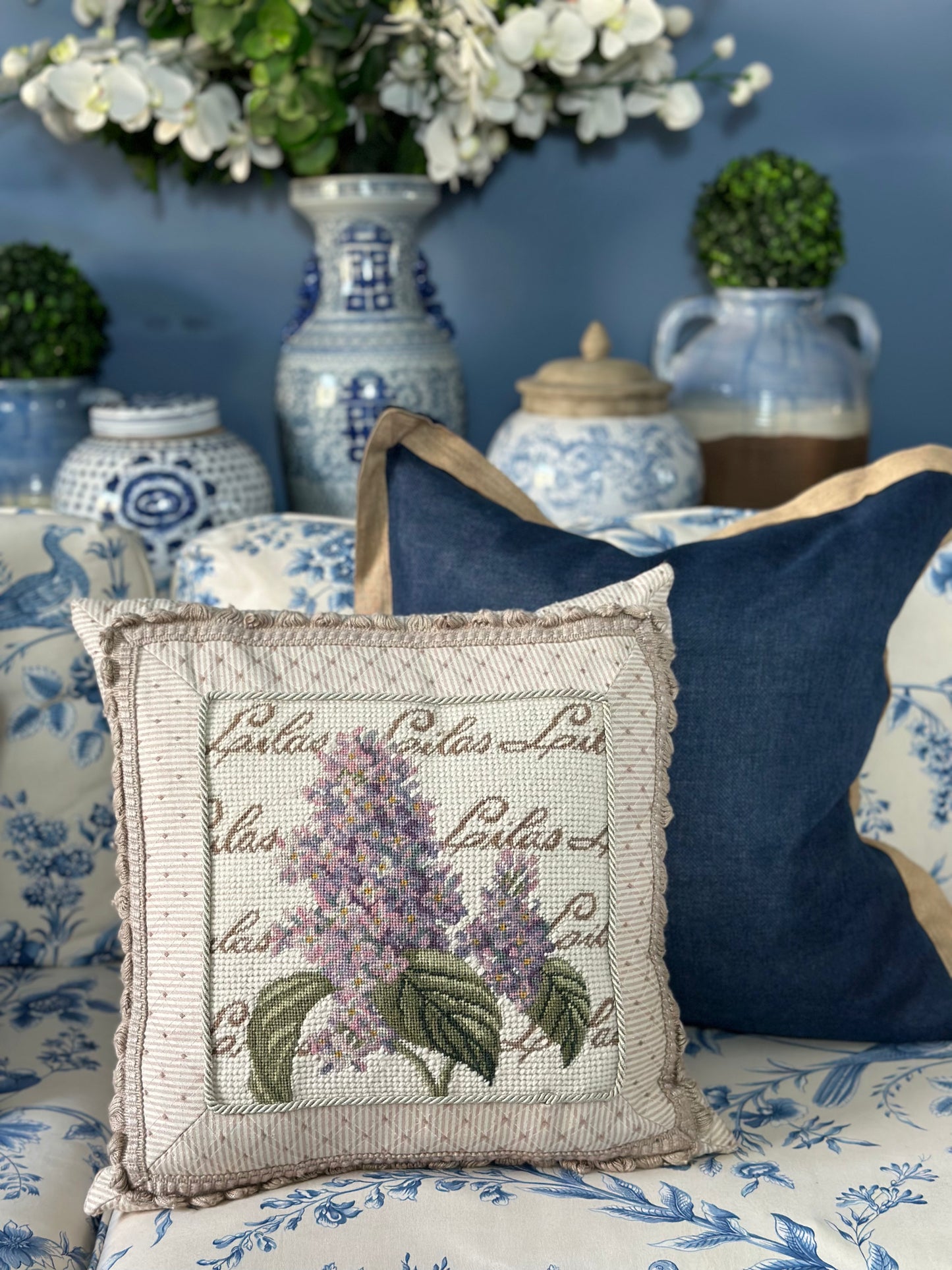 Vintage Needlepoint Pillow, Lilac- 14x14". Excellent Condition!