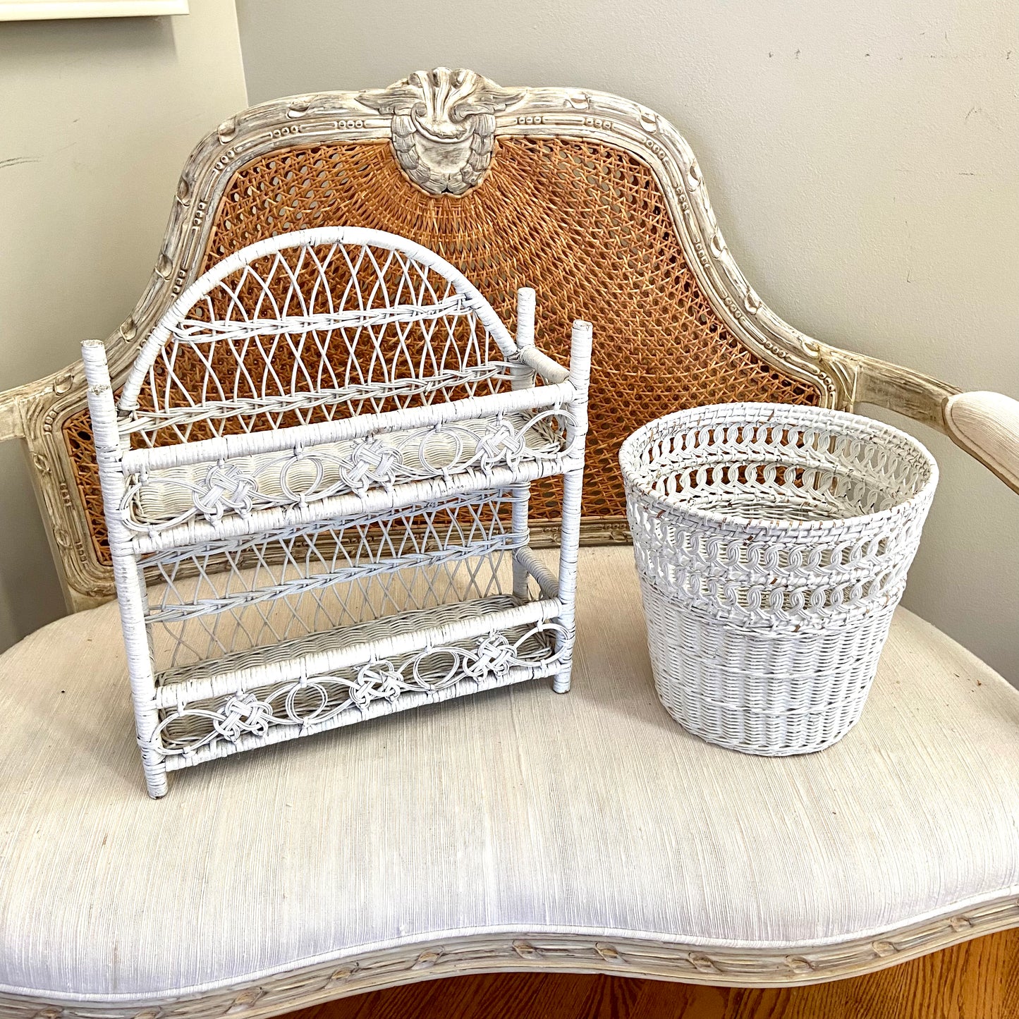 Boho Chic & palm beach regency vintage rattan 2 tier wall shelf and waste basket