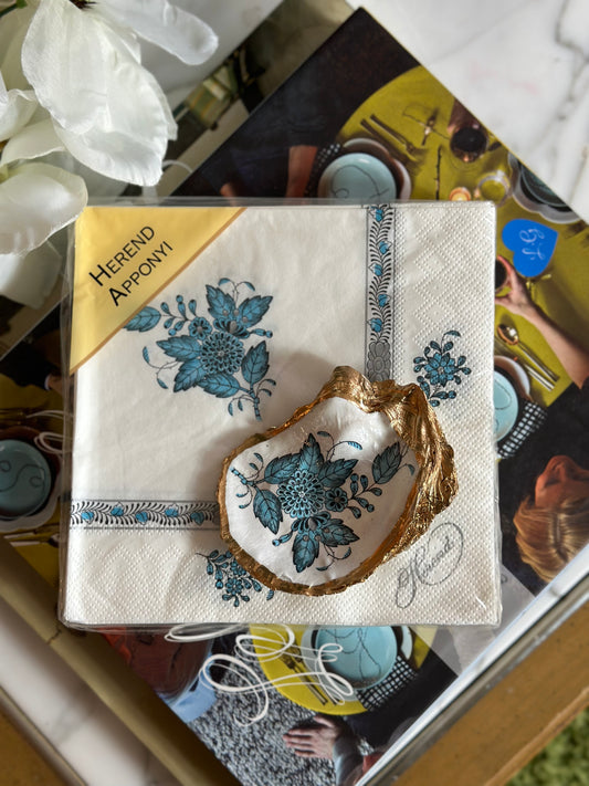 Herend Chinese Bouquet, Turquoise & Silver Napkin + Oyster Shell Gift Set