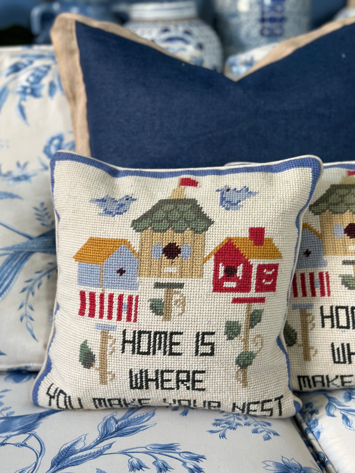 Vintage Needlepoint Pillow, "Nest" 12X12". Excellent Condition!