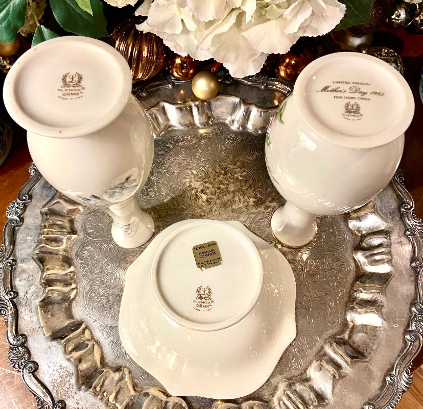 Set of 3 vintage porcelain pieces vases and footed dish by designer Lenox in Serenade