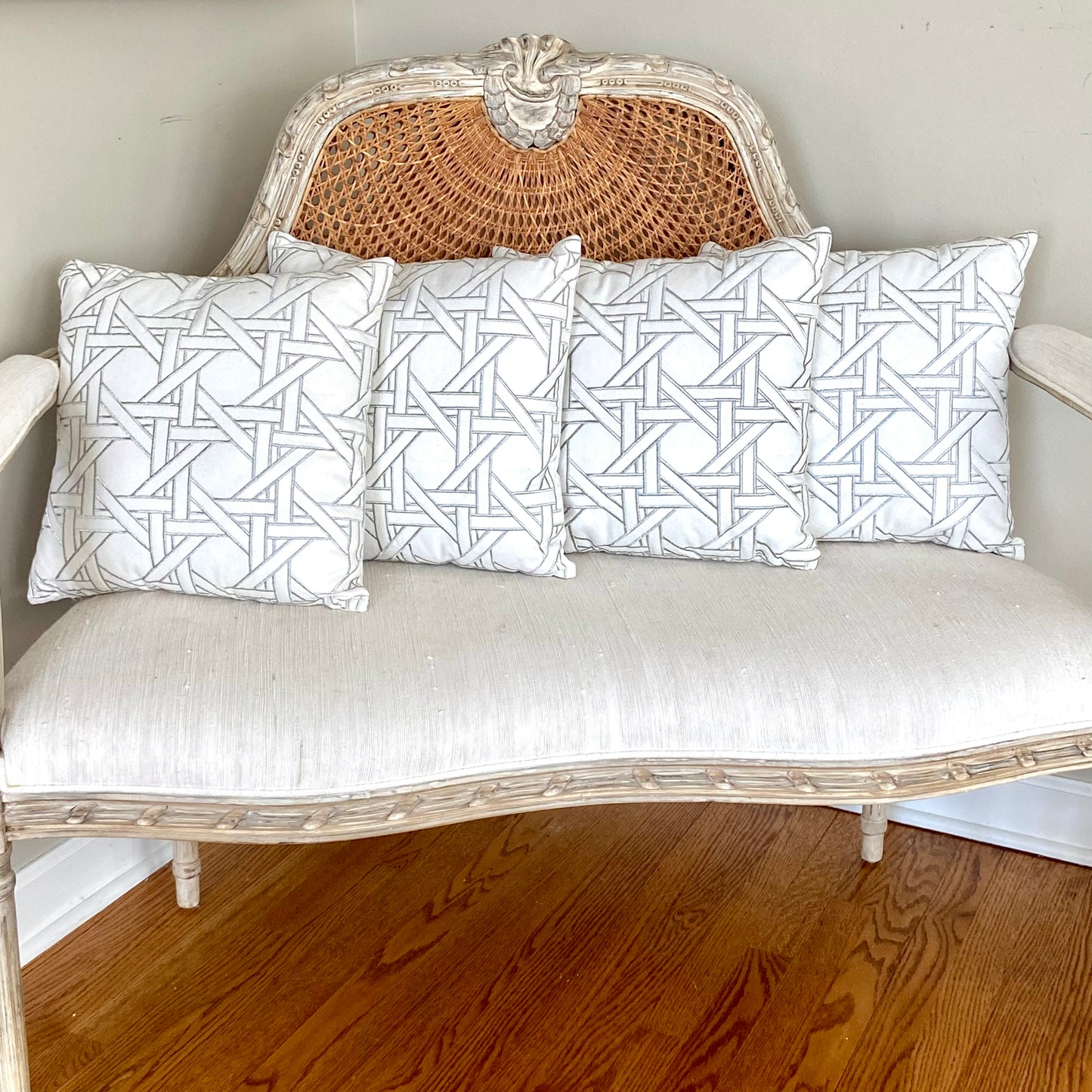 Designer Pair (2) cane throw pillow, white/grey, 16x16” - Pristine!