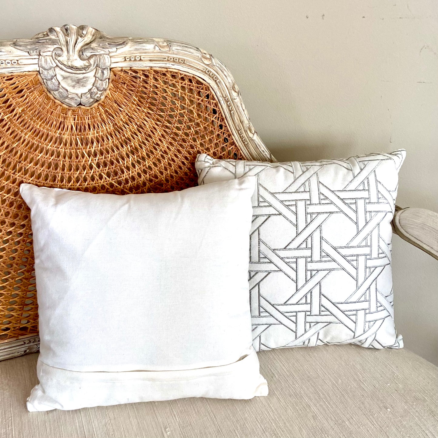 Designer Pair (2) cane throw pillow, white/grey, 16x16” - Pristine!