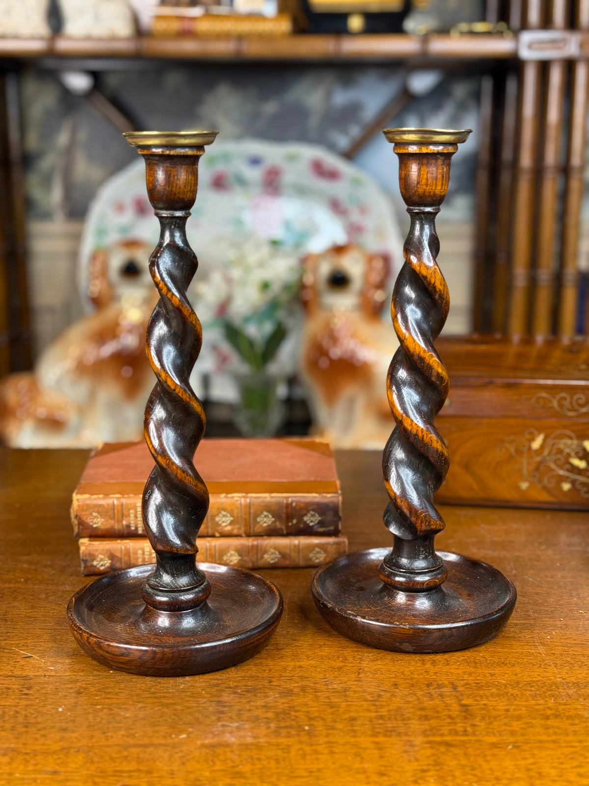 Pair of Antique English Oak Barley Twist Candlesticks with Brass Drip Pans, c. 1900–1920 – 12”H