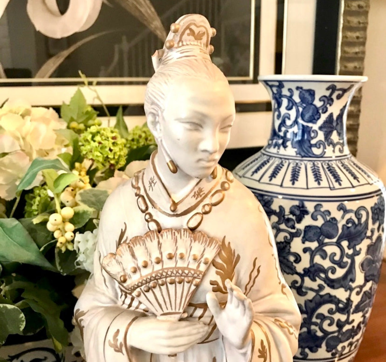 Pair of Vintage statuesque Empress & Empiror Chinoiserie statues