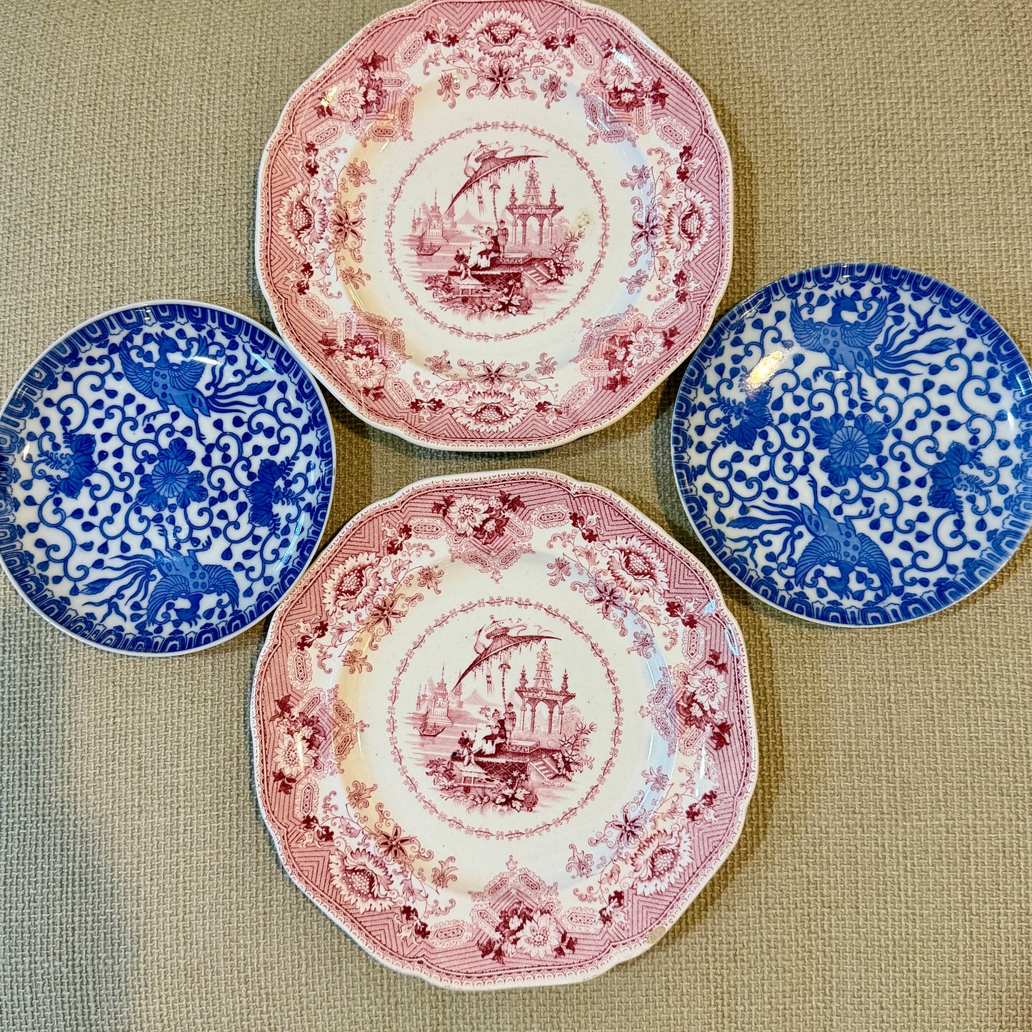 Pair 2 Designer Oriental antique English Chinese Pink Red Pagoda plates 7.25d