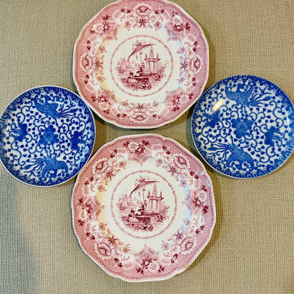 Pair 2 Designer Oriental antique English Chinese Pink Red Pagoda plates 7.25d