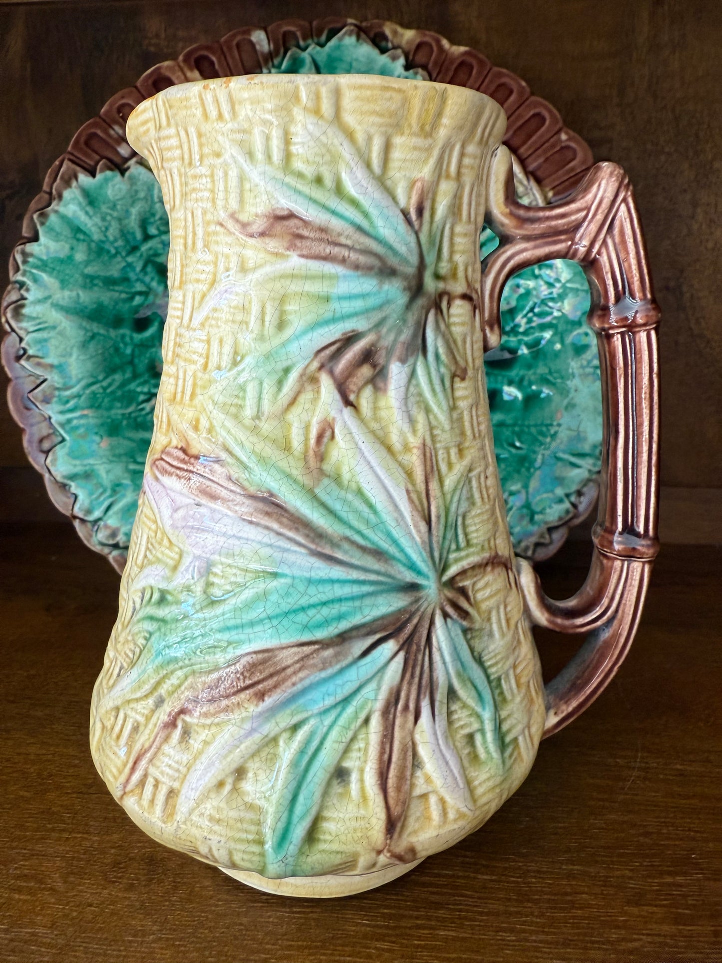 Antique English Majolica 6.5” Basketweave & Bamboo Pitcher by Banks & Thorley