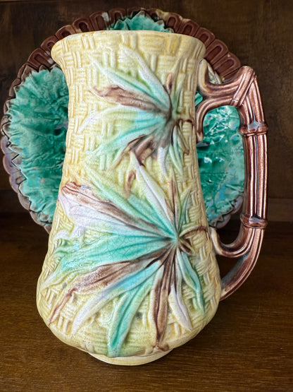 Antique English Majolica 6.5” Basketweave & Bamboo Pitcher by Banks & Thorley