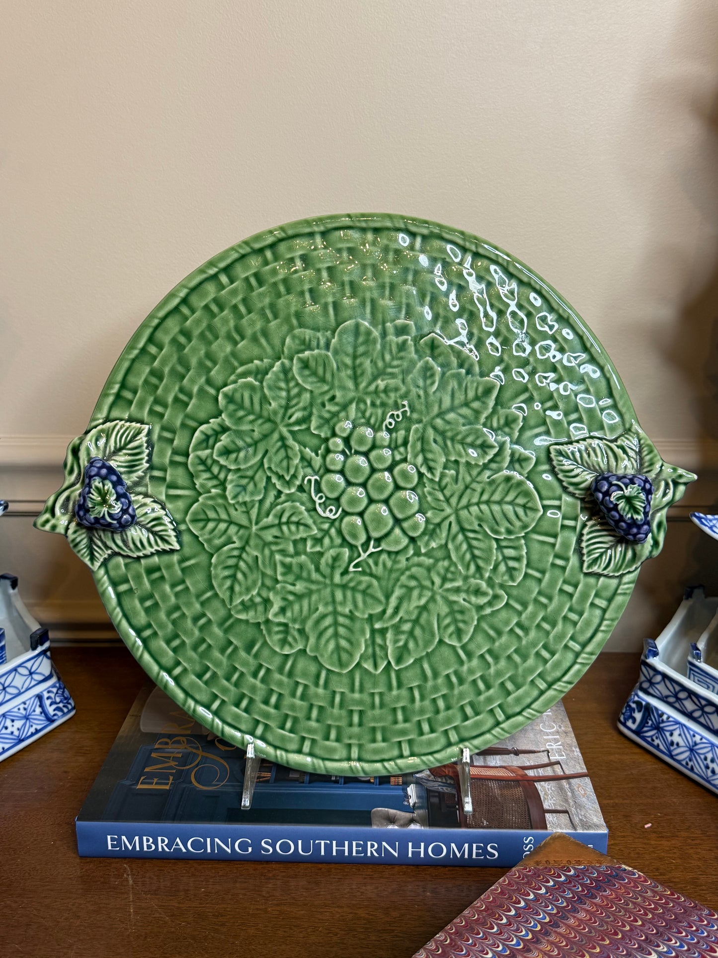 Vintage Bordallo Pinheiro Green Grape Cheese Board / Serving Platter | 15” Handle-to-Handle | Portugal