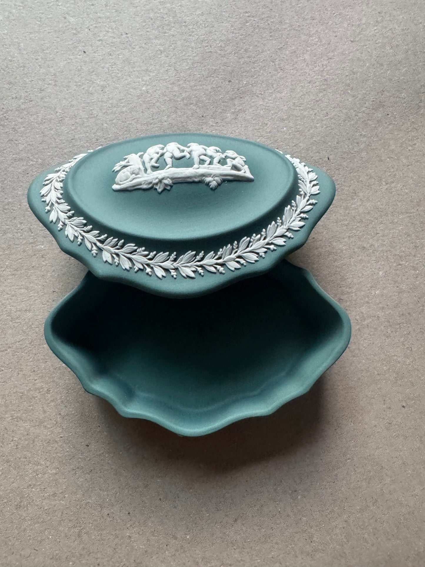 Cherub oval teal trinket box Wedgwood 4.5x3.5x1.5”