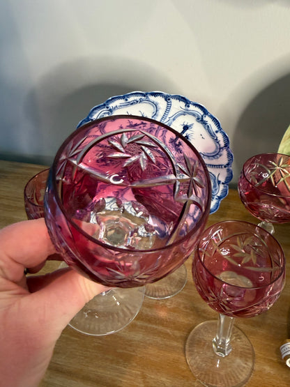 Vintage Pink Cut to Clear Set of 5 6.5” Glasses by Bayel