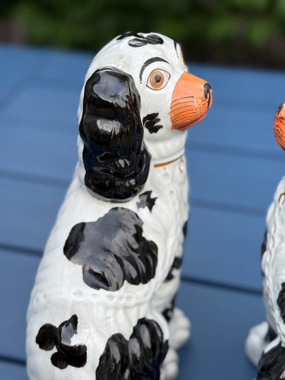 Antique 19th Century Staffordshire Dog Pair | 10" Tall, 5.5" Wide, Black & White with Red Mouths | Style DA4478