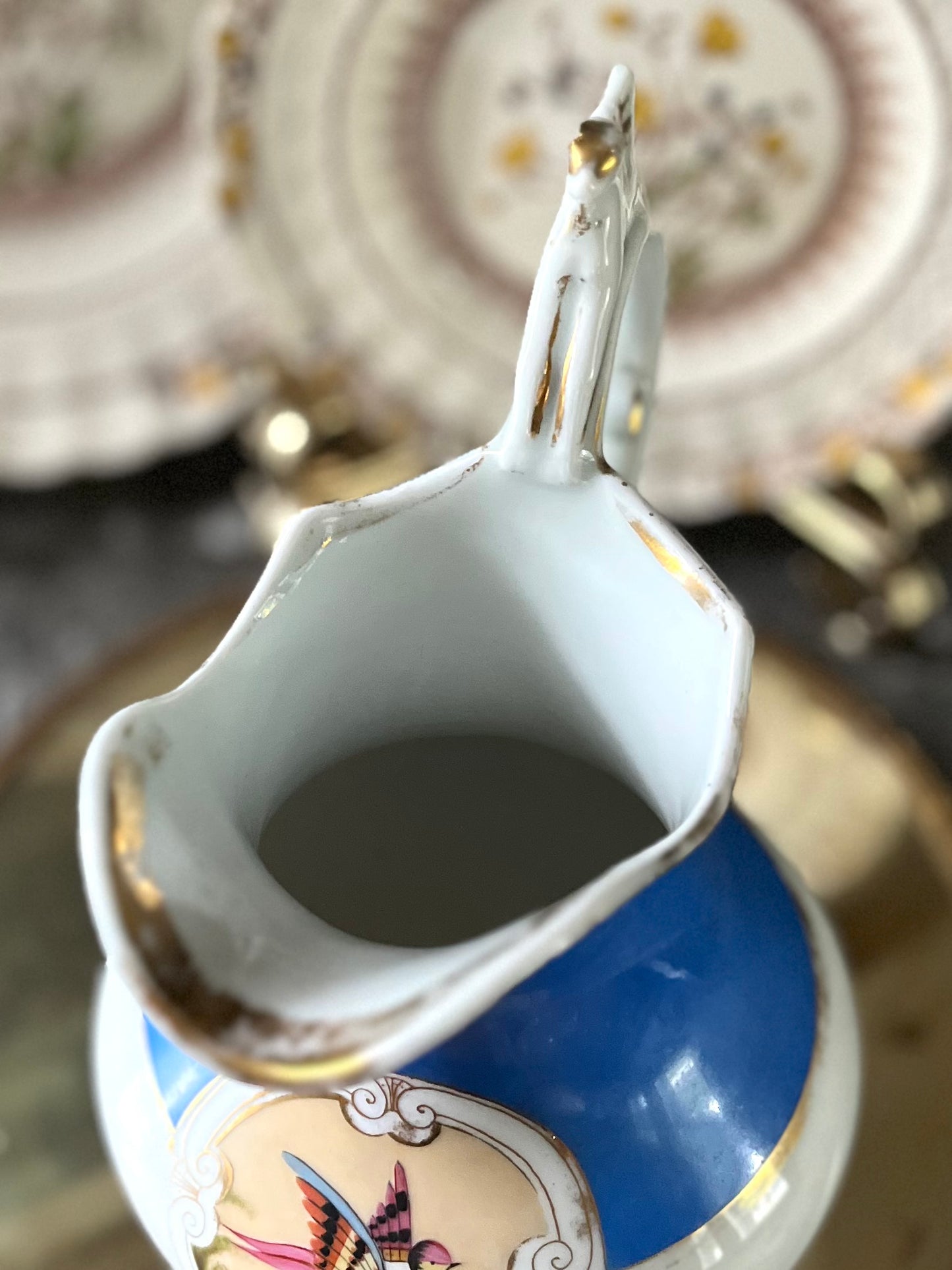 Live 06/29 Rare Old Paris Porcelain Pitcher — Hand-Painted Exotic Bird, Cobalt Blue & Gilt, c. 1850s