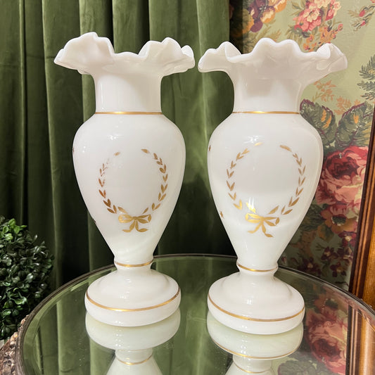 Antique Pair of French Baccarat White Opaline Handpainted Gilt 10" Vases W/ Ruffle Crimped Edge