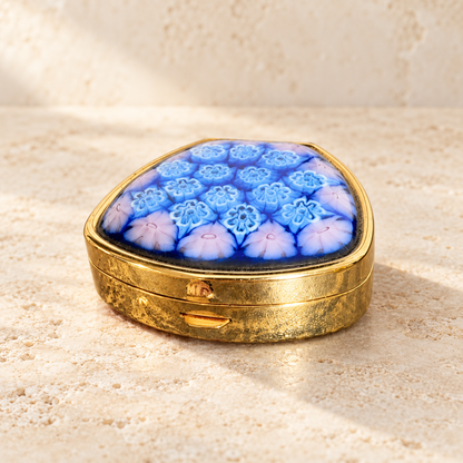 Vintage Murano-Style Millefiori Glass Heart Pill Box – Blue & Pink