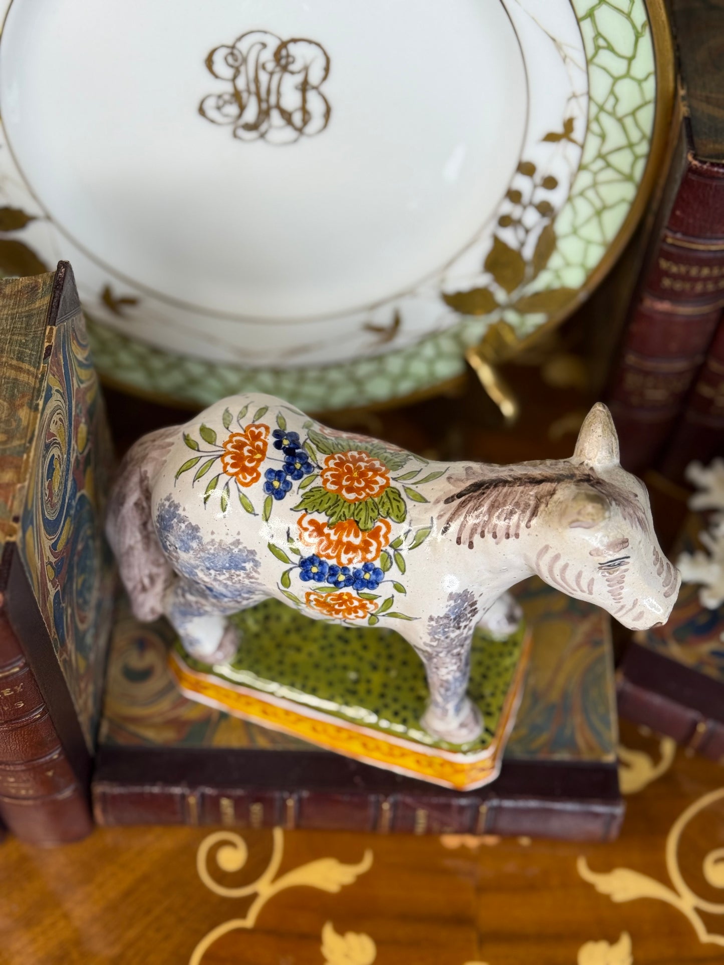 Antique French Faïence Donkey – Hand-Painted Desvres Pottery, Floral Saddle, c. 1880