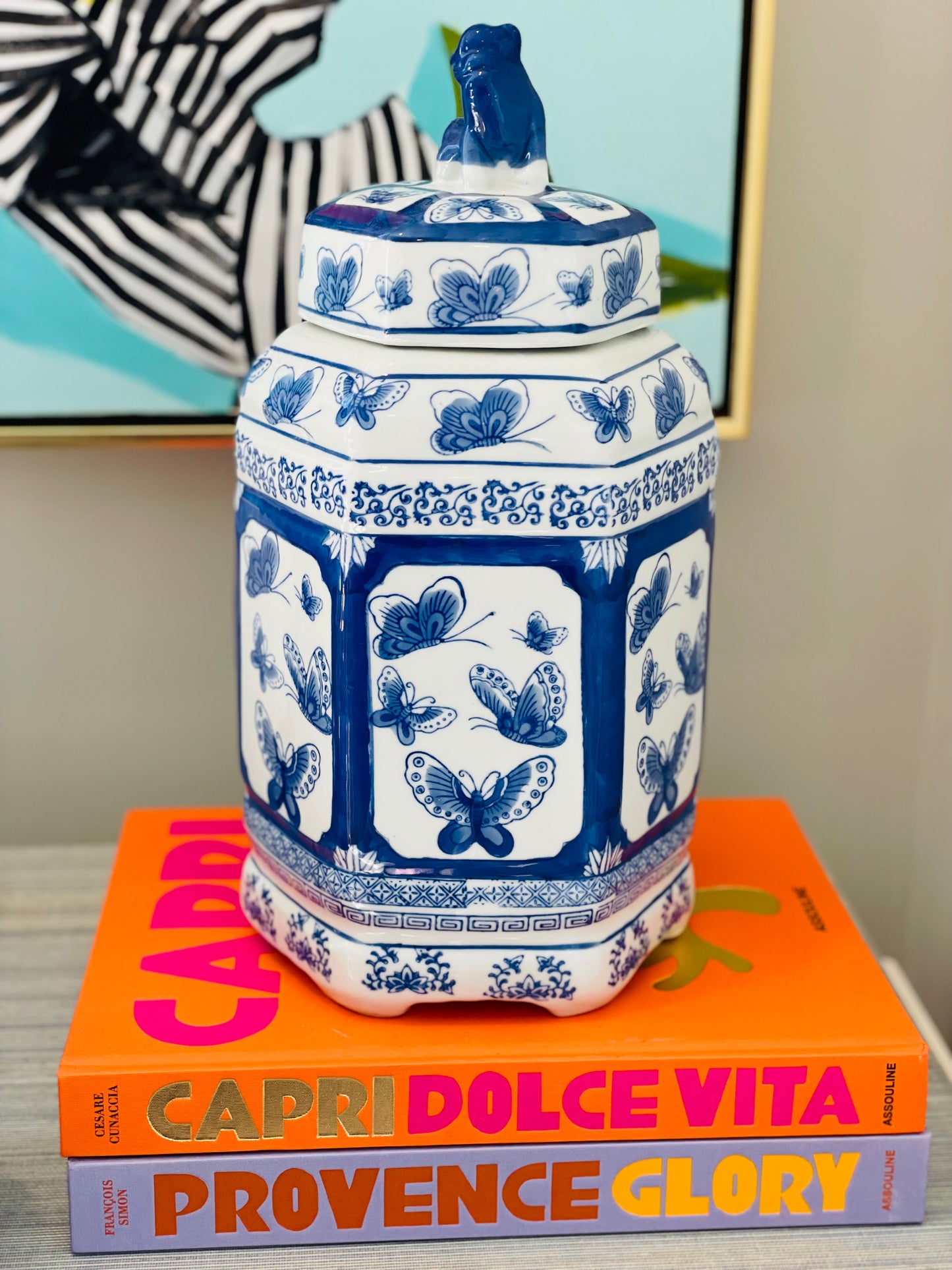 Vintage Blue & White 15” Lidded Butterfly Jar w/ Foo Dog - Pristine!