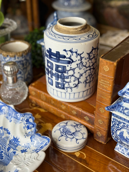 Danny's Fine Porcelain: Blue & White, 7" Tall Double Happiness, Hand Painted Tea Caddy Jar